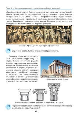 19
Калліопа, Полігімнія і Ерато надихали на створення епічної поезії,
гімнів. Остання ніколи не розлучалася із солодкоголосою лірою. Театром
опікувалися Мельпомена і Талія — покровительки трагедії і комедії,
яких зображували з трагічною і комічною масками відповідно. Музу
танців Терпсіхору і покровительку музики Евтерпу легко впізнати за
інструментами-атрибутами — арфою і флейтою.
Аполлон, Афіна і дев’ять муз на рельєфі саркофага
Спробуйте за атрибутами визначити зображених муз.
Високого рівня розвитку досяг-
ла в Греції архітектура і скульп-
тура. Храми оточували рядами
колон, прикрашали рельєфами,
статуями. До важливих досягнень
античності в царині зодчества на-
лежить винахід ордерів: суворого
доричного, граційного іонічного
з колоною, що завершувалася
волютою, і пишно декорованого
коринфського з верхівкою колони
у вигляді листя пальми чи лотоса.
Капітелі колон доричного, іонічного та коринфського ордерів
Порівняйте особливості капітелей колон античних ордерів. Який ордер
використано в храмі Парфенон?
Парфенон, м. Афіни, Греція
Тема 3–4. Мистецтво античності — колиска європейської цивілізації
 
