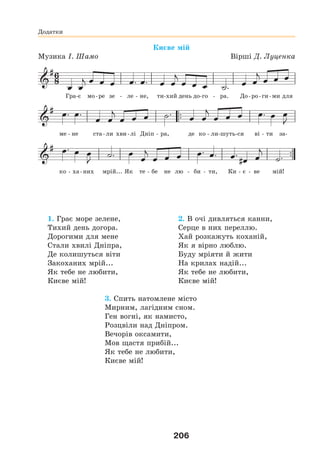 206
Києве мій
Музика І. Шамо Вірші Д. Луценка
Гра-є мо-ре зе - ле - не, ти-хий день до-го - ра. До-ро-ги-ми для
ме - не ста-ли хви-лі Дніп - ра, де ко - ли-шуть-ся ві - ти за-
ко - ха-них мрій... Як те - бе не лю - би - ти, Ки - є - ве мій!
1. Грає море зелене,
Тихий день догора.
Дорогими для мене
Стали хвилі Дніпра,
Де колишуться віти
Закоханих мрій...
Як тебе не любити,
Києве мій!
2. В очі дивляться канни,
Серце в них переллю.
Хай розкажуть коханій,
Як я вірно люблю.
Буду мріяти й жити
На крилах надій...
Як тебе не любити,
Києве мій!
3. Спить натомлене місто
Мирним, лагідним сном.
Ген вогні, як намисто,
Розцвіли над Дніпром.
Вечорів оксамити,
Мов щастя прибій...
Як тебе не любити,
Києве мій!
Додатки
 