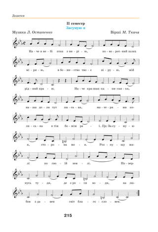 215
Додатки
ІІ семестр
Засумую я
Музика Л. Остапенко Вірші М. Ткача
На - че в не - бі птах з ви - рі - ю, по - во - рот-ний шлях
мі - ря - ю, в бо - же - ство тво - є ві - ру - ю, мій
рід - ний кра - ю. На - че кра-шан-ка - пи-сан - ка,
на - ша до - ля тут пи - са - на, ма - те - ря - ми ко-
ли - са - на в тім бо - жім ра - ї. Пр.: За-су - му - ю
я, сто - ро - на мо - я. Роз - пу - щу жа-
лі по сво - їй зем - лі. По - вер-
нусь ту - ди, де з ро - си во - ди, на лю-
бов з да - вен світ бла - го - сло - вен.
 