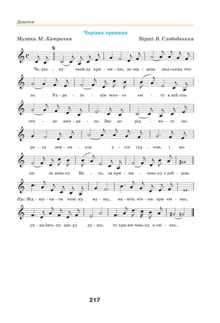217
Додатки
Чарівна криниця
Музика М. Катричка Вірші В. Слободяника
Ча-рів - ну знай-ду кри - ни - цю, де сер - дець люд-ських теп-
ло. Ук - ра - їн - ців всьо - го сві - ту в ній спа-
сен - не дже - ре - ло. Зву до рід - но - го по-
ро - га зем - ля - ків у - сіх гур - том, і мо-
лю за нень-ку Бо - га, за кри - ни - чень-ку з доб - ром.
Пр.: Від - шу - ка - ти кож-ну му - шу, на - віть ніч - чю при сві - чах,
ук - ра-їнсь-ку щи-ру ду - шу, ту кри-ни-чень-ку в сві - тах.
 