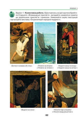 82
Варіант 1. Колективна робота. Орієнтуючись на ідеї картини Брейге-
ля Старшого «Фламандські прислів’я», вигадайте символічні сюжети
до українських прислів’їв і приказок. Намалюйте серію ілюстрацій
і організуйте виставку «Енциклопедія народної мудрості».
«Водити за носа» «Носити пар у кошику»
(«Носити воду решетом»)
«Битися головою об стіну» «Кидати гроші на воду»
(«Кидати гроші на вітер»)
«Пливти за вітром»
(«Пливти за течією»)
РОЗДІЛ І
 