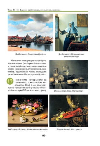 95
Ян Вермеєр. Панорама Делфта Ян Вермеєр. Молода жінка
з глечиком води
Малюючинатюрмортизатрибута-
ми мистецтва (палітрою і пензлями,
музичнимиінструментами),наукита
освіти(книжками,рукописами,кар-
тами), художники часто вкладали
у свої композиції алегоричний зміст.
Порівняйте натюрморти за
тематикою, композицією, ко-
лоритом. Який з них вам хоті-
лося б повісити на стіну у власній кім-
наті чи на кухні? Поясніть свою думку.
Амбросіус Босхарт. Квітковий натюрморт Віллем Кальф. Натюрморт
Віллем Клас Хеда. Натюрморт
Тема 17–18. Бароко: архітектура, скульптура, живопис
 
