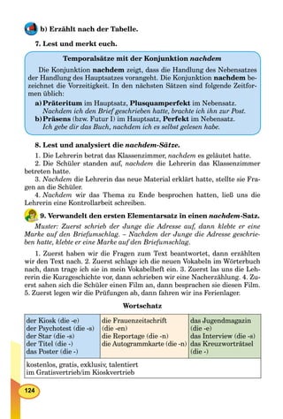124
b) Erzählt nach der Tabelle.
7. Lest und merkt euch.
8. Lest und analysiert die nachdem-Sätze.
1. Die Lehrerin betrat das Klassenzimmer, nachdem es geläutet hatte.
2. Die Schüler standen auf, nachdem die Lehrerin das Klassenzimmer
betreten hatte.
3. Nachdem die Lehrerin das neue Material erklärt hatte, stellte sie Fra-
gen an die Schüler.
4. Nachdem wir das Thema zu Ende besprochen hatten, ließ uns die
Lehrerin eine Kontrollarbeit schreiben.
9. Verwandelt den ersten Elementarsatz in einen nachdem-Satz.
Muster: Zuerst schrieb der Junge die Adresse auf, dann klebte er eine
Marke auf den Briefumschlag. – Nachdem der Junge die Adresse geschrie-
ben hatte, klebte er eine Marke auf den Briefumschlag.
1. Zuerst haben wir die Fragen zum Text beantwortet, dann erzählten
wir den Text nach. 2. Zuerst schlage ich die neuen Vokabeln im Wörterbuch
nach, dann trage ich sie in mein Vokabelheft ein. 3. Zuerst las uns die Leh-
rerin die Kurzgeschichte vor, dann schrieben wir eine Nacherzählung. 4. Zu-
erst sahen sich die Schüler einen Film an, dann besprachen sie diesen Film.
5. Zuerst legen wir die Prüfungen ab, dann fahren wir ins Ferienlager.
Wortschatz
der Kiosk (die -e)
der Psychotest (die -s)
der Star (die -s)
der Titel (die -)
das Poster (die -)
die Frauenzeitschrift
(die -en)
die Reportage (die -n)
die Autogrammkarte (die -n)
das Jugendmagazin
(die -e)
das Interview (die -s)
das Kreuzworträtsel
(die -)
kostenlos, gratis, exklusiv, talentiert
im Gratisvertrieb/im Kioskvertrieb
Temporalsätze mit der Konjunktion nachdem
Die Konjunktion nachdem zeigt, dass die Handlung des Nebensatzes
der Handlung des Hauptsatzes vorangeht. Die Konjunktion nachdem be-
zeichnet die Vorzeitigkeit. In den nächsten Sätzen sind folgende Zeitfor-
men üblich:
a)Präteritum im Hauptsatz, Plusquamperfekt im Nebensatz.
Nachdem ich den Brief geschrieben hatte, brachte ich ihn zur Post.
b)Präsens (bzw. Futur I) im Hauptsatz, Perfekt im Nebensatz.
Ich gebe dir das Buch, nachdem ich es selbst gelesen habe.
 