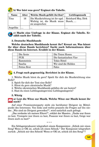 145
b) Wer hört was gern? Ergänzt die Tabelle.
Name Alter Welche Musik gefällt ihr/ihm? Lieblingsmusik
Tina 16 Die Musikrichtung ist ihr egal.
Wichtig ist, die Musik muss
sie ansprechen
Reinhard Mey, Dirk
Busch, …
Angelika … … …
c) Macht eine Umfrage in der Klasse. Ergänzt die Tabelle. Er-
zählt nach der Tabelle.
3. Deutsche Musikbands
Welche deutschen Musikbands kennt ihr? Kreuzt an. Was könnt
ihr über diese Bands berichten? Sucht nach Informationen über
diese Bands im Internet. Erzählt in der Klasse.
Die Ärzte Die Toten Hosen
PUR Die fantastischen Vier
Rammstein Tokio Hotel
Sascha Wir sind die Helden
Fettes Brot Falco
4. Fragt euch gegenseitig. Berichtet in der Klasse.
1. Welche Musik hörst du gern? Spielt für dich die Musikrichtung eine
Rolle?
2. Spielt für dich der Text eine Rolle?
3. Hörst du gern ukrainische Musik?
4. Welche ukrainischen Musikbands gefallen dir am besten?
5. Hast du einen Lieblingssänger/eine Lieblingssängerin?
5. Witzig
а) Lest die Witze zur Musik. Welche Witze zur Musik kennt ihr
noch?
Auf einer Prominentenparty steht ein berühmter Dirigent im Mittel-
punkt des Interesses. Von links und rechts prasseln die Fragen auf ihn nie-
der. „Wie sind sie Dirigent geworden?“, wird natürlich auch gefragt.
„Das verdanke ich meinen Eltern?“, erklärt der Maestro. „Pauke war ihnen
zu laut, Trompete war ihnen zu laut, Posaune war ihnen zu laut, Geige war
ihnen auch zu laut!“
* * *
Ein Schlagerproduzent telegraﬁert einem Komponisten: „Schick mir einen
Song! Wenn er OK ist, schick ich einen Scheck.“ Der Komponist telegraﬁert
zurück: „Schick mir den Scheck! Wenn er OK ist, schick ich den Song!“?
 