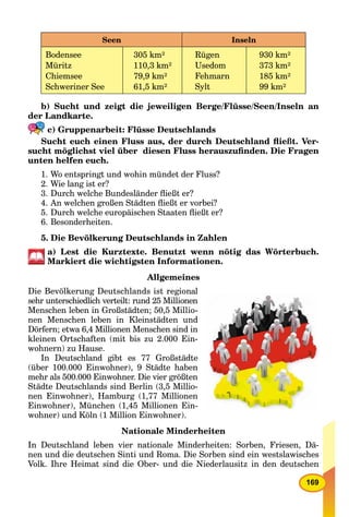 169
Seen Inseln
Bodensee
Müritz
Chiemsee
Schweriner See
305 km²
110,3 km²
79,9 km²
61,5 km²
Rügen
Usedom
Fehmarn
Sylt
930 km²
373 km²
185 km²
99 km²
b) Sucht und zeigt die jeweiligen Berge/Flüsse/Seen/Inseln an
der Landkarte.
c) Gruppenarbeit: Flüsse Deutschlands
Sucht euch einen Fluss aus, der durch Deutschland ﬂießt. Ver-
sucht möglichst viel über diesen Fluss herauszuﬁnden. Die Fragen
unten helfen euch.
1. Wo entspringt und wohin mündet der Fluss?
2. Wie lang ist er?
3. Durch welche Bundesländer ﬂießt er?
4. An welchen großen Städten ﬂießt er vorbei?
5. Durch welche europäischen Staaten ﬂießt er?
6. Besonderheiten.
5. Die Bevölkerung Deutschlands in Zahlen
a) Lest die Kurztexte. Benutzt wenn nötig das Wörterbuch.
Markiert die wichtigsten Informationen.
Allgemeines
Die Bevölkerung Deutschlands ist regional
sehr unterschiedlich verteilt: rund 25 Millionen
Menschen leben in Großstädten; 50,5 Millio-
nen Menschen leben in Kleinstädten und
Dörfern; etwa 6,4 Millionen Menschen sind in
kleinen Ortschaften (mit bis zu 2.000 Ein-
wohnern) zu Hause.
In Deutschland gibt es 77 Großstädte
(über 100.000 Einwohner), 9 Städte haben
mehr als 500.000 Einwohner. Die vier größten
Städte Deutschlands sind Berlin (3,5 Millio-
nen Einwohner), Hamburg (1,77 Millionen
Einwohner), München (1,45 Millionen Ein-
wohner) und Köln (1 Million Einwohner).
Nationale Minderheiten
In Deutschland leben vier nationale Minderheiten: Sorben, Friesen, Dä-
nen und die deutschen Sinti und Roma. Die Sorben sind ein westslawisches
Volk. Ihre Heimat sind die Ober- und die Niederlausitz in den deutschen
 