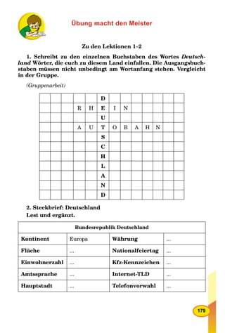 179
Übung macht den Meister
Zu den Lektionen 1–2
1. Schreibt zu den einzelnen Buchstaben des Wortes Deutsch-
land Wörter, die euch zu diesem Land einfallen. Die Ausgangsbuch-
staben müssen nicht unbedingt am Wortanfang stehen. Vergleicht
in der Gruppe.
(Gruppenarbeit)
D
R H E I N
U
A U T O B A H N
S
C
H
L
A
N
D
2. Steckbrief: Deutschland
Lest und ergänzt.
Bundesrepublik Deutschland
Kontinent Europa Währung ...
Fläche ... Nationalfeiertag ...
Einwohnerzahl ... Kfz-Kennzeichen ...
Amtssprache ... Internet-TLD ...
Hauptstadt ... Telefonvorwahl ...
 