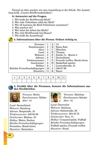 24
Einmal im Jahr machen wir eine Ausstellung in der Schule. Die Ausstel-
lung heißt „Unsere Brieffreundschaften“.
b) Antwortet auf die Fragen.
1. Wie heißt der Brieffreunde-Klub?
2. Wie viele Teilnehmer zählt der Klub?
3. Wie oft kommen die Klub-Teilnehmer zusammen?
4. Was machen sie?
5. Wer leitet die Arbeit des Klubs?
6. Wie viele Brieffreunde hat Hanna?
7. Wie heißt die Ausstellung?
4. Informationen über die Person. Ordnet richtig zu.
Vorname
Familienname
Alter
Land
Wohnort
Adresse
Telefonnummer
Geschwister
Hobbys
Beliebte Freizeibeschäftigungen
Haustiere
1
2
3
4
5
6
7
8
9
10
11
A
B
C
D
E
F
G
H
I
J
K
14
Katze Kati
München
Thomas
Emilie 11, Moritz 5
Deutschland
Freunde treffen, Musik hören
Basketball spielen
Leonrodstraße, 21
346 67 98
Bauer
1 2 3 4 5 6 7 8 9 10 11
5. Erzählt über die Personen, benutzt die Informationen aus
den Steckbriefen.
Vorname: Britta
Familienname: Köhler
Alter: 14
Land: Deutschland
Wohnort: Hamburg
Adresse: Bergstraße, 16
Telefonnummer: 530 08 39
Geschwister: Markus, 19
Hobbys: Malen, Kochen
Beliebte Freizeibeschäftigungen:
Fernsehen, Musik hören
Haustiere: Kaninchen
Vorname: Matthias
Familienname: Schulze
Alter: 15
Land: Österreich
Wohnort: Salzburg
Adresse: Seilerstraße, 38
Telefonnummer: 284 43 75
Geschwister: Vera, 11
Hobbys: Computerspiele, Fußball
Beliebte Freizeibeschäftigungen:
Fußball spielen, Freunde treffen
Haustiere: Hund
 