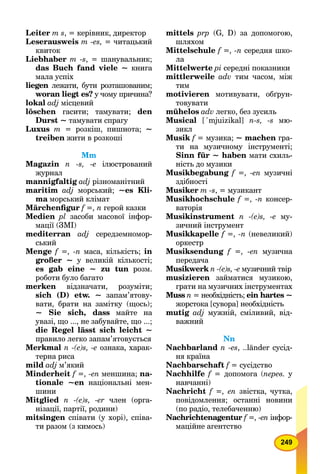 249
Leiter m s, = керівник, директор
Leserausweis m -es, = читацький
квиток
Liebhaber m -s, = шанувальник;
das Buch fand viele ~ книга
мала успіх
liegen лежати, бути розташованим;n
woran liegt es? у чому причина?
lokal adj місцевий
löschen гасити; тамувати; den
Durst ~ тамувати спрагу
Luxus m = розкіш, пишнота; ~
treiben жити в розкоші
Mm
Magazin n -s, -е ілюстрований
журнал
mannigfaltig adj різноманітний
maritim adj морський; ~es Kli-
ma морський кліматa
Märchenﬁgur f =, n герой казки
Medien рl засоби масової інфор-
мації (ЗМІ)
mediterran adj середземномор-
ський
Menge f =, -n маса, кількість; in
großer ~ у великій кількості;
es gab eine ~ zu tun розм.
роботи було багато
merken відзначати, розуміти;
sich (D) etw. ~ запам’ятову-
вати, брати на замітку (щось);
~ Sie sich, dass майте на
увазі, що ..., не забувайте, що ...;
die Regel lässt sich leicht ~
правило легко запам’ятовується
Merkmal n -(e)s, -e ознака, харак-
терна риса
mild adj м’який
Minderheit f =, -en меншина; na-
tionale ~en національні мен-
шини
Mitglied n -(e)s, -er член (орга-
нізації, партії, родини)
mitsingen співати (у хорі), співа-
ти разом (з кимось)
mittels prp (G, D) за допомогою,
шляхом
Mittelschule f =, -n середня шко-
ла
Mittelwerte рі середні показники
mittlerweile adv тим часом, між
тим
motivieren мотивувати, обґрун-
товувати
mühelos adv легко, без зусиль
Musical [´mjuizikal] n-s, -s мю-
зикл
Musik f = музика;f ~ machen гра-
ти на музичному інструменті;
Sinn für ~ haben мати схиль-
ність до музики
Musikbegabung f =, -en музичні
здібності
Musiker m -s, = музикант
Musikhochschule f =, -n консер-
ваторія
Musikinstrument n -(e)s, -е му-
зичний інструмент
Musikkapelle f =, -n (невеликий)
оркестр
Musiksendung f =, -en музична
передача
Musikwerk n -(e)s, -e музичний твір
musizieren займатися музикою,
грати на музичних інструментах
Muss ns = необхідність; ein hartes ~
жорстока [сувора] необхідність
mutig adj мужній, сміливий, від-
важний
Nn
Nachbarland n -es, ..länder сусід-
ня країна
Nachbarschaft f = сусідствоf
Nachhilfe f = допомога (f перев. у
навчанні)
Nachricht f =, en звістка, чутка,
повідомлення; останні новини
(по радіо, телебаченню)
Nachrichtenagentur f =, -en інфор-
маційне агентство
 