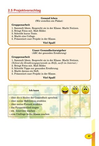 57
2.5 Projektvorschlag
Gesund leben
(Wir erstellen ein Plakat)
Gruppenarbeit
1. Sammelt Ideen. Besprecht sie in der Klasse. Macht Notizen.
2. Bringt Fotos mit. Malt Bilder.
3. Schreibt kurze Texte.
4. Macht eine Collage.
5. Präsentiert euer Projekt in der Klasse.
Viel Spaß!
Unser Gesundheitsratgeber
(ABC der gesunden Ernährung)
Gruppenarbeit
1. Sammelt Ideen. Besprecht sie in der Klasse. Macht Notizen.
(Nehmt die Ernährungspyramide zu Hilfe, surft im Internet.)
2. Bringt Fotos mit. Malt Bilder.
3. Schreibt Tipps zur gesunden Ernährung.
4. Macht daraus ein Heft.
5. Präsentiert euer Projekt in der Klasse.
Viel Spaß!
Ich kann
– über die 4 Säulen der Gesundheit sprechen
– über meine Mahlzeiten erzählen
– über meine Freizeit erzählen
– das Pyramidenlied singen
– ein Interview machen
– eine Umfrage in der Klasse machen
 