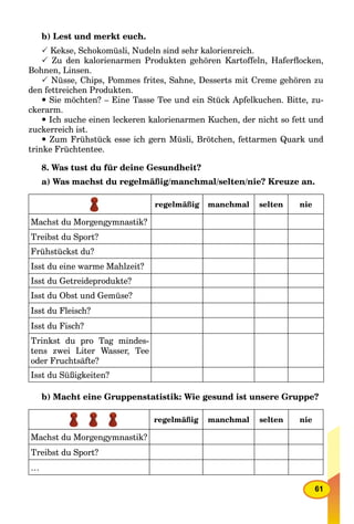 61
b) Lest und merkt euch.
 Kekse, Schokomüsli, Nudeln sind sehr kalorienreich.
 Zu den kalorienarmen Produkten gehören Kartoffeln, Haferﬂocken,
Bohnen, Linsen.
 Nüsse, Chips, Pommes frites, Sahne, Desserts mit Creme gehören zu
den fettreichen Produkten.
 Sie möchten? – Eine Tasse Tee und ein Stück Apfelkuchen. Bitte, zu-
ckerarm.
 Ich suche einen leckeren kalorienarmen Kuchen, der nicht so fett und
zuckerreich ist.
 Zum Frühstück esse ich gern Müsli, Brötchen, fettarmen Quark und
trinke Früchtentee.
8. Was tust du für deine Gesundheit?
a) Was machst du regelmäßig/manchmal/selten/nie? Kreuze an.
regelmäßig manchmal selten nie
Machst du Morgengymnastik?
Treibst du Sport?
Frühstückst du?
Isst du eine warme Mahlzeit?
Isst du Getreideprodukte?
Isst du Obst und Gemüse?
Isst du Fleisch?
Isst du Fisch?
Trinkst du pro Tag mindes-
tens zwei Liter Wasser, Tee
oder Fruchtsäfte?
Isst du Süßigkeiten?
b) Macht eine Gruppenstatistik: Wie gesund ist unsere Gruppe?
regelmäßig manchmal selten nie
Machst du Morgengymnastik?
Treibst du Sport?
…
 