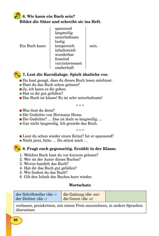 80
6. Wie kann ein Buch sein?
Bildet die Sätze und schreibt sie ins Heft.
Ein Buch kann
spannend
langweilig
unterhaltsam
lustig
temporeich
inhaltsreich
wunderbar
fesselnd
(un)interessant
zauberhaft
sein.
7. Lest die Kurzdialoge. Spielt ähnliche vor.
Du hast gesagt, dass du dieses Buch lesen möchtest.
Hast du das Buch schon gelesen?
Ja, ich kann es dir geben.
Hat es dir gut gefallen?
Das Buch ist klasse! Es ist sehr unterhaltsam!
* * *
Was liest du denn?
Die Gedichte von Hermann Hesse.
Die Gedichte? … Das ist doch so langweilig …
Gar nicht langweilig. Ich genieße das Buch.
* * *
Liest du schon wieder einen Krimi? Ist er spannend?
Nicht jetzt, bitte … Du störst mich …
8. Fragt euch gegenseitig. Erzählt in der Klasse.
1. Welches Buch hast du vor kurzem gelesen?
2. Wer ist der Autor dieses Buches?
3. Wovon handelt das Buch?
4. Hat dir das Buch gut gefallen?
5. Wie ﬁndest du das Buch?
6. Gib den Inhalt des Buches kurz wieder.
Wortschatz
der Schriftsteller (die -)
der Dichter (die -)
die Gattung (die -en)
die Genre (die -s)
verfassen, preiskrönen, mit einem Preis auszeichnen, in andere Sprachen
übersetzen
 