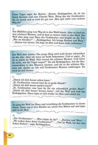 H
„Zur Großmutter.“ – „Was trägst du da?“ – „Kuchen und Wein.“ –„Wo wohnt denn deine Großmutter?“ – „Tief im Wald, bei den dreihohen Eichen“, sagte Rotkäppchen.
G
Da ging der Wolf ins Haus und verschlang die Großmutter in einem
Stück. Dann zog er ihre Kleider an, setzte ihre Mütze auf und legte
sich in ihr Bett.
C
Eines Tages sagte die Mutter: „Komm, Rotkäppchen, da ist ein
Stück Kuchen und eine Flasche Wein. Bring das der Großmutter.
Sie ist krank und es wird ihr gut tun. Aber geh nicht vom rechten
Weg ab!“
E
Der Wolf aber dachte: Das junge Ding wird noch besser schmecken
als die Alte. Aber ich muss sie beide bekommen. Und er sagte: „Es
ist so schön im Wald. Sieh einmal die schönen Blumen. Und hörst
du nicht, wie die Vögel singen?“ Da sah Rotkäppchen, wie die Son-
nenstrahlen in den Bäumen tanzten, und als es die schönen Blu-
men sah, dachte es: Ich will Großmutter Blumen mitbringen. Da
wird sie sich freuen.
F
„Damit ich dich besser sehen kann.“
„Ei, Großmutter, warum hast du so große Hände!“
„Damit ich dich besser packen kann!“
„Ei, Großmutter, was hast du für ein schrecklich großes Maul!“
„Damit ich dich besser fressen kann“, rief der Wolf und fraß das
Rotkäppchen. Dann legte er sich wieder ins Bett und schlief ein.
D
Das Mädchen ging vom Weg ab in den Wald hinein. Aber es fand im-
mer schönere Blumen, und so kam es immer tiefer in den Wald. Der
Wolf aber ging zum Haus der Großmutter und klopfte an die Tür.
„Wer ist draußen?“ – „Rotkäppchen. Ich bringe Kuchen und Wein.“
– „Komm nur herein. Ich liege im Bett und kann nicht aufstehen.“
 