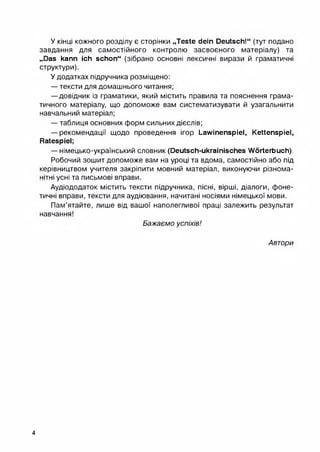 У кінці кожного розділу є сторінки „Teste dein Deutsch!“ (тут подано
завдання для самостійного контролю засвоєного матеріалу) та
„Das kann ich schon“ (зібрано основні лексичні вирази й граматичні
структури).
У додатках підручника розміщено:
— тексти для домашнього читання;
— довідник із граматики, який містить правила та пояснення грама­
тичного матеріалу, що допоможе вам систематизувати й узагальнити
навчальний матеріал;
— таблиця основних форм сильних дієслів;
— рекомендації щодо проведення ігор Lawinenspiel, Kettenspiel,
Ratespiel;
— німецько-український словник (Deutsch-ukrainisches Worterbuch).
Робочий зошит допоможе вам на уроці та вдома, самостійно або під
керівництвом учителя закріпити мовний матеріал, виконуючи різнома­
нітні усні та письмові вправи.
Аудіододаток містить тексти підручника, пісні, вірші, діалоги, фоне­
тичні вправи, тексти для аудіювання, начитані носіями німецької мови.
Пам’ятайте, лише від вашої наполегливої праці залежить результат
навчання!
Бажаємо успіхів!
Автори
4
 