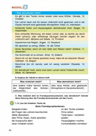 M O D U L 2
• Was demotiviert mich?
Es gibt in den Texten immer wieder viele neue Worter. Daniela, 15,
Kroatien
Der Lehrer kann uns fur seinen Unterricht nicht gewinnen und in der
Klasse herrscht eine gestresste Atmosphare! Kelas,13, Indonesian
Schlechte Noten und Hausaufgaben demotivieren mich. Sergei, 15,
Kasachstan
Eine schlechte Stimmung, ein boser Lehrer Oder zu leichte (so denkt
meist Lehrer))) Oder schwierige Ubungen konnen negativ fur den
Unterricht sein. Marjana und Gisela, 13, Finnland
Ausnahmen bei Regeln. Eugen, 15, Russiand
Wirsprechen zu wenig. Stefan, 16, die Turkei
Wozu Sprachen, wenn ich kein Geld zum Reisen habe? Sretena, 11,
Slowenien
Die Grammatik ist zu schwer. Sinet, 16, Estland
Wenn ich vor der Klasse sprechen muss, habe ich ein bisschen Stress!
Kathleen, 16, Belgien
Manchmal bin ich nervos, weil ich wenig verstehe! Rossella, 13,
Italien
Es demotiviert mich, wenn man beim Lernen keine Fortschritte macht.
Mads, 16, Danemark
B. Erganze die Tabelle in deinem Heft.
Was motiviert mich? Was demotiviert mich?
eine andere Kultur kennen lernen,
die Moglichkeit des Schuler-
austausches,...
viele neue Worter, eine gestresste
Atmosphare im Deutschunterricht, ...
C. Was motiviert dich im Fremdsprachenunterricht, was demotiviert? Schreib
deine Meinung iiber die Fremdsprachenstunden auf das Forum.
1. A. Lies die Vokabeln. Merke dir.
Beim Fremdsprachenlernen
Beispiele bilden an den Texten arbeiten
die Fragen des Lehrers beantworten Filme sehen
Satze ubersetzen Texte lesen / verstehen
uber Filme, Musik, Autos sprechen spielen
die Aussprache uben Hausaufgaben machen
neue Vokabeln lernen Kontrollarbeiten schreiben
54
 