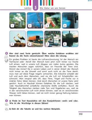 1 2 3 4
5 6 7 8
	Hier sind zwei Texte gemischt. Über welche Gefahren erzählen sie?
Kannst du die Texte rekonstruieren? Höre dann die Lösung.
Ein großes Problem ist heute die Luftverschmutzung. Ist der Mensch ein
Tierfreund oder -feind? Der Mensch kann jetzt nicht immer nur frische
Luft atmen, weil in unsere Luft Abgase von vielen Autos geraten. Die
meisten Menschen sagen natürlich, dass wir Freunde der Tiere sind.
Stimmt das immer? Da in seinem Leben und in seiner Arbeit der Mensch
nicht immer an die Umwelt und somit auch nicht an die Tiere denkt,
muss man auf diese Frage negativ antworten. Die Industrie schadet der
Luft und auch dem Menschen, weil sie die Luft mit Schadstoffen ver-
schmutzt. Man vergisst sehr oft, dass Tiere, Vögel und Fische nur in
intakter Natur leben können. Und durch Menschen ist unsere Natur jetzt
gestört. Auch im Haushalt können Gefahren für die Luft stecken, weil
viele Haushaltsmittel schädliche chemische Stoffe enthalten. Durch die
Tätigkeit des Menschen sterben viele Tier- und Vogelarten aus, weil sie
in der verschmutzten Luft nicht atmen können, weil sie im verschmutzten
Wasser nicht leben können, weil sie nicht immer genug Nahrung bekom-
men können.
	a) Finde im Text Kausalsätze mit den Konjunktionen «weil» und «da».
Wie ist die Wortfolge in diesen Sätzen?
	 b)	Sieh dir die Tabelle an und lies weitere Beispiele.
5
113
Lektion Die Natur um uns herum
 