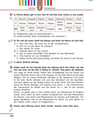 	a) Welche Räume gibt es hier? Sieh dir den Plan einer Schule an und erzähle.
2 Deutsch Computer Englisch Treppe Erdkunde Literatur Musik
1 Chemie Biologie Physik Treppe
Lehrer-
zimmer
Mathe Direktor
EG
Werk-
statt
Speise-
raum
Gardero-
be
Eingang Aula
Sekreta-
riat
Sport-
halle
Im Erdgeschoss gibt es einen/eine/ein/-…
Im ersten/zweiten Stock sind/befinden sich ein/eine/-…
	 b)	Wo sind die Leute? Spielt die Dialoge und findet die Räume auf dem Plan.
1)	A: Geh hier links, die erste Tür ist der Computerraum.
	 
B: Und wo ist der Raum für Literatur?
	 A: Die zweite Tür rechts.
2)	A: Welcher Raum ist hier rechts?
	 
B: Das ist unsere Sporthalle. Und daneben ist das Sekretariat.
3)	A: Wie komme ich zum Schulleiter?
	 
B: Gehen Sie hier den Gang entlang, die letzte Tür rechts ist sein Zimmer.
	 c)	Spielt ähnliche Dialoge.
	 Sophie macht für ihre Freundin Katja eine Führung durch ihre Schule. Lies den
Text und schau auf den Plan in Übung 3a. Welchen Weg gehen die Mädchen?
«Ich zeige dir meine Schule. Neben dem Schulgebäude sind ein Garten und
unsere Werkstatt. Komm, hier ist der Eingang. So, hier links kannst du die Jacke
ablegen. Hier ist unsere Garderobe. Daneben ist der Speiseraum und rechts
ist die Aula. Rechts befinden sich auch das Sekretariat und die Sporthalle.
Und jetzt gehen wir die Treppe hinauf. Im ersten Stock sind links Klassen-
räume für Physik, Biologie und Chemie, und rechts — das Lehrerzimmer,
der Klassenraum für Mathe und die letzte Tür — das ist das Zimmer
unseres Direktors.
Komm, wir gehen jetzt in den zweiten Stock, am Klassenraum für Englisch
vorbei. Links siehst du dann unseren Computerraum und den Klassenraum
für Deutsch, und rechts sind Klassenräume für Literatur und Erdkunde. Wir
gehen geradeaus, hier ist der Klassenraum für Musik. So, jetzt gehen wir
die Treppe runter zurück ins Erdgeschoss.»
	Mache eine Führung durch deine Schule. Zeichne einen Plan dazu.
7
Lektion Schulleben
152
 