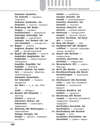 bedecken (bedeckte,
hat bedeckt) — вкривати,
покривати
	 bedeuten (bedeutete, hat
bedeutet) — значити, означати
die	 Bedeutung (die Bedeu-
tungen) — значення
	 beeindruckend — вражаючий
	 befestigen (befestigte, hat
befes­
tigt) — укріплювати
	 befinden, sich (befand sich, hat
sich befunden) — знаходитися
der	 Beginn — початок
	 beginnen (begann, hat begon-
nen) — (роз)починати(ся)
der	 Begriff (die Begriffe) — поняття
	 begründen (begründete, hat
begründet) — обґрунтовувати;
засновувати
	 begrüßen (begrüßte, hat
begrüßt) — вітати(ся)
	 behalten (behielt, hat behal-
ten) — залишати, зберігати;
запам’ятовувати
	 behandeln (behandelte,
hat behandelt) — лікувати;
поводитися
	 bei (Dat.) — у, в, при, біля,
на
	 beide — обидва/-і
das	 Beispiel (die Beispiele) —
приклад
	 bekannt — відомий
	 bekommen (bekam, hat
bekommen) — отримувати,
одержувати
die	 Belastung (die Belastungen) —
навантаження
	 belegen (belegte, hat
belegt) — займати, покривати,
вистилати
	 beliebt — улюблений
	 bemalen (bemalte, hat
bemalt) — розмальовувати
	 bemerken (bemerkte, hat
bemerkt) — помічати
	 benutzen (benutzte, hat
benutzt) — використовувати
die	 Benutzung — використання
	 bequem — зручний; зручно
	 bereiten (bereitete, hat berei-
tet) — готувати
der	 Berg (die Berge) — гора
die	 Berglandschaft (die Bergland-
schaften) — гірський ландшафт,
гірська місцевість
der	 Bericht (die Berichte) —
повідомлення
	 berichten (berichtete, hat
berichtet) — повідомляти
die	 Bermudashorts (Pl.) — шорти-
бермуди
der	 Beruf (die Berufe) — професія
die	 Berufsbezeichnung (die Berufs-
bezeichnungen) — позначення
професії
der	 Berufswunsch (die Berufswün-
sche) — мрія про професію
	 berühmt — знаменитий,
відомий
	 berühren (berührte, hat
berührt) — торкатися
die	 Bescherung (die Besche-
rungen) — вручення (різдвяних)
подарунків; (різдвяні)
подарунки
	 beschreiben (beschrieb, hat
beschrieben) — описувати
die	 Beschreibung (die Beschrei-
bungen) — опис
	 beschriften (beschriftete, hat
beschriftet) — робити надпис
190
Wörterverzeichnis Deutsch-Ukrainisch
 