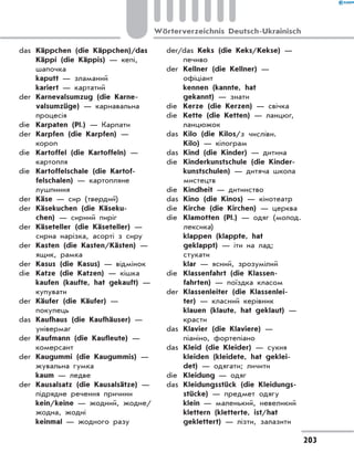 das	 Käppchen (die Käppchen)/das
Käppi (die Käppis) — кепі,
шапочка
	 kaputt — зламаний
	 kariert — картатий
der	 Karnevalsumzug (die Karne-
valsumzüge) — карнавальна
процесія
die	 Karpaten (Pl.) — Карпати
der	 Karpfen (die Karpfen) —
короп
die	 Kartoffel (die Kartoffeln) —
картопля
die	 Kartoffelschale (die Kartof-
felschalen) — картопляне
лушпиння
der	 Käse — сир (твердий)
der	 Käsekuchen (die Käseku-
chen) — сирний пиріг
der	 Käseteller (die Käseteller) —
сирна нарізка, асорті з сиру
der	 Kasten (die Kasten/Kästen) —
ящик, рамка
der	 Kasus (die Kasus) — відмінок
die	 Katze (die Katzen) — кішка
	 kaufen (kaufte, hat gekauft) —
купувати
der	 Käufer (die Käufer) —
покупець
das	 Kaufhaus (die Kaufhäuser) —
універмаг
der	 Kaufmann (die Kaufleute) —
комерсант
der	 Kaugummi (die Kaugummis) —
жувальна гумка
	 kaum — ледве
der	 Kausalsatz (die Kausalsätze) —
підрядне речення причини
	 kein/keine — жодний, жодне/
жодна, жодні
	 keinmal — жодного разу
der/das Keks (die Keks/Kekse) —
печиво
der	 Kellner (die Kellner) —
офіціант
	 kennen (kannte, hat
gekannt) — знати
die	 Kerze (die Kerzen) — свічка
die	 Kette (die Ketten) — ланцюг,
ланцюжок
das	 Kilo (die Kilos/з числівн.
Kilo) — кілограм
das	 Kind (die Kinder) — дитина
die	 Kinderkunstschule (die Kinder-
kunstschulen) — дитяча школа
мистецтв
die	 Kindheit — дитинство
das	 Kino (die Kinos) — кінотеатр
die	 Kirche (die Kirchen) — церква
die	 Klamotten (Pl.) — одяг (молод.
лексика)
	 klappen (klappte, hat
geklappt) — іти на лад;
стукати
	 klar — ясний, зрозумілий
die	 Klassenfahrt (die Klassen-
fahrten) — поїздка класом
der	 Klassenleiter (die Klassenlei-
ter) — класний керівник
	 klauen (klaute, hat geklaut) —
красти
das	 Klavier (die Klaviere) —
піаніно, фортепіано
das	 Kleid (die Kleider) — сукня
	 kleiden (kleidete, hat geklei-
det) — одягати; личити
die	 Kleidung — одяг
das	 Kleidungsstück (die Kleidungs-
stücke) — предмет одягу
	 klein — маленький, невеликий
	 klettern (kletterte, ist/hat
geklettert) — лізти, залазити
203
Wörterverzeichnis Deutsch-Ukrainisch
 