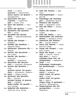 sowie — а також
	 spannend — захоплюючий
	 sparen (sparte, hat gespart) —
заощаджувати
das	 Sparschwein (die Spar-
schweine) — скарбничка
	 spät — пізній; пізно
der	 Spatz (die Spatzen) — горо-
бець
die	 Speise (die Speisen) — страва
die	 Speisekarte (die Speisekar-
ten) — меню
die	 Spezialität (die Speziali-
täten) — традиційна/фірмова
страва
der	 Spiegel (die Spiegel) —
дзеркало
der	 Spielfilm (die Spielfilme) —
художній фільм
die	 Spielsachen, Spielwaren (Pl.) —
іграшки
die	 Sportart (die Sportarten) —
вид спорту
der	 Sportler (die Sportler) —
спортсмен
	 sportlich — спортивний
der	 Sportverein (die Sportver-
eine) — спортивне об’єднання
die	 Sprache (die Sprachen) —
мова
	 sprechen (sprach, hat gespro-
chen) — розмовляти, говорити
die	 Spree — Шпрее (річка)
das	 Sprichwort (die Sprichwör-
ter) — прислів’я
	 springen (sprang, ist gesprun-
gen) — стрибати
	 spülen (spülte, hat gespült) —
мити (посуд)
das	 Spülmittel (die Spülmittel) —
засіб для миття посуду
der	 Staat (die Staaten) — дер­
жава
die	 Staatsangehörigkeit — грома-
дянство
die	 Staatsflagge (die Staatsflag-
gen) — державний прапор
die	 Staatsform (die Staatsfor-
men) — державний устрій
der	 Stab (die Stäbe) — палиця;
штаб
das	 Stadion (die Stadien) —
стадіон
die	 Stadt (die Städte) — місто
die	 Stadtrundfahrt (die Stadtrund-
fahrten) — екскурсія містом
das	 Stadtviertel (die Stadtvier-
tel) — міський квартал
der	 Stamm (die Stämme) — корінь
(частина слова)
die	 Stange (die Stangen) — жер-
дина, штанга
der	 Stapel (die Stapel) — купа
	 stark — сильний, міцний
	 statt (Gen.) — замість
	 stattfinden (fand statt, hat
stattgefunden) — відбуватися
der	 Staub — пил
	 staubsaugen (staubsaugte,
hat gestaubsaugt) — пилосо-
сити
	 stecken (steckte, hat ge-
steckt) — вкладати
	 stehen (stand, hat gestan-
den) — стояти
	 stehlen (stahl, hat gestoh-
len) — красти
	 steigen (stieg, ist gestiegen) —
зростати, збільшуватися
die	 Steigerungsstufe (die Stei-
gerungsstufen) — ступінь
порівняння
215
Wörterverzeichnis Deutsch-Ukrainisch
 