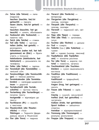 die	 Tatze (die Tatzen) — лапа
(тварини)
	 tauchen (tauchte, hat/ist
getaucht) — пірнати
	 tauen (taute, hat/ist getaut) —
танути
	 tauschen (tauschte, hat ge-
tauscht) — міняти, обмінювати
der	 Teebeutel (die Teebeutel) —
пакетик чаю
der	 Teich (die Teiche) — ставок
der	 Teil (die Teile) — частина
	 teilen (teilte, hat geteilt) —
розподіляти
	 teilnehmen (nahm teil, hat teil-
genommen) an (Dat.) — брати
участь у (чомусь)
	 telefonieren (telefonierte, hat
telefoniert) — розмовляти по
телефону
der	 Teller (die Teller) — тарілка
der	 Tennisball (die Tennisbälle) —
тенісний м’яч
der	 Tennisschläger (die Tennisschlä-
ger) — тенісна ракетка
der	 Terminkalender (die Terminka-
lender) — календар-щоденник
	 teuer — дорогий
der	 Textabschnitt (die Textab-
schnitte) — частина тексту
der	 Textanfang (die Textanfänge) —
початок тексту
	 textgemäß — відповідно до
тексту
die	 Textilwaren (Pl.) — вироби
з текстилю
das	 Theaterstück (die Theater-
stücke) — п’єса
	 Thüringen — Тюрингія (феде-
ральна земля в Німеччині)
das	 Tier (die Tiere) — тварина
der	 Tierarzt (die Tierärzte) —
ветеринар
der	 Tiergarten (die Tiergärten) —
зоосад, зоопарк
der	 Tierpark (die Tierparks) —
зоосад, зоопарк
die	 Tierwelt — тваринний світ, світ
тварин
der	 Tipp (die Tipps) — порада
der	 Titel (die Titel) — заголовок,
титул
die	 Tochter (die Töchter) — донька
der	 Tod — смерть
die	 Toilette [t a‐] (die Toiletten) —
туалет
	 toll — чудово (молод. лексика)
die	 Topfpflanze (die Topfpflan-
zen) — кімнатна рослина
das	 Tor (die Tore) — ворота; гол
	 total — повністю, загалом
das	 Trachtenkleid (die Trachten-
kleider) — сукня національного
костюма
die	 Tradition (die Traditionen) —
традиція
	 traditionell — традиційний;
традиційно
	 tragen (trug, hat getragen) —
носити
der	 Traum (die Träume) — мрія;
сон
	 traurig — сумний, засмучений
	 treffen (traf, hat getroffen) —
зустрічати
	 treiben (trieb, hat getrieben):
Sport treiben — займатися
спортом
	 trennbar — відокремлюваний
die	 Trennung (die Trennungen) —
розлука; розлучення
die	 Treppe (die Treppen) — сходи
217
Wörterverzeichnis Deutsch-Ukrainisch
 