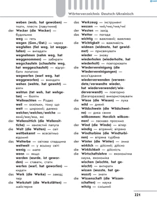 weben (wob, hat gewoben) —
ткати, плести (павутиння)
der	 Wecker (die Wecker) —
будильник
	 weg — геть
	 wegen (Gen./Dat.) — через
	 wegfallen (fiel weg, ist wegge-
fallen) — випадати
	 wegnehmen (nahm weg, hat
weggenommen) — забирати
	 wegschaufeln (schaufelte weg,
hat weggeschaufelt) — відгрі-
бати лопатою
	 wegwerfen (warf weg, hat
weggeworfen) — викидати
	 wehen (wehte, hat geweht) —
віяти
	 wehtun (tat weh, hat wehge-
tan) — боліти
	 Weihnachten — Різдво
	 weil — оскільки, тому що
	 weit — широкий; далеко
	 welcher/welches/welche —
який/яке/яка, які
der	 Wellensittich (die Wellensit-
tiche) — хвилястий папуга
die	 Welt (die Welten) — світ
	 weltbekannt — всесвітньо
відомий
das	 Welterbe — світова спадщина
	 weltweit — у всьому світі
	 wenig — мало
	 wenn — якщо
	 werden (wurde, ist gewor-
den) — ставати, стати
	 werfen (warf, hat geworfen) —
кидати
das	 Werk (die Werke) — завод;
твір
die	 Werkstatt (die Werkstätten) —
майстерня
das	 Werkzeug — інструмент
	 wessen — чий/чиє/чия/чиї
der	 Westen — захід
das	 Wetter — погода
	 wichtig — важливий; важливо
die	 Wichtigkeit — важливість
	 widmen (widmete, hat gewid-
met) — присвячувати
	 wieder — знову
	 wiederholen (wiederholte, hat
wiederholt) — повторювати
die	 Wiedervereinigung (die
Wiedervereinigungen) —
возз’єднання
	 wiederverwenden (verwen-
dete/verwandte wieder,
hat wiederverwendet/wie-
derverwandt) — повторно
(багаторазово) використовувати
die	 Wiese (die Wiesen) — лука
	 wild — дикий
das	 Wildschwein (die Wildschwei-
ne) — дика свиня
	 willkommen: Herzlich wilkom-
men! — ласкаво просимо
der	 Wind (die Winde) — вітер
	 windig — вітряний; вітряно
die	 Windturbine (die Windturbi-
nen) — вітряна турбіна
der	 Winter (die Winter) — зима
	 wirklich — дійсний; дійсно
die	 Wirklichkeit — дійсність
die	 Wirtschaftslehre — економічна
наука, економіка
	 wischen (wischte, hat ge-
wischt) — витирати
	 wissen (wusste, hat ge-
wusst) — знати
die	 Wissenschaft (die Wissen-
schaften) — наука
	 witzig — смішний
221
Wörterverzeichnis Deutsch-Ukrainisch
 
