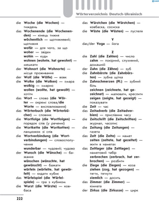 die	 Woche (die Wochen) —
тиждень
das	 Wochenende (die Wochenen-
den) — кінець тижня
	 wöchentlich — щотижневий;
щотижня
	 wofür — для чого, за що
	 woher — звідки
	 wohin — куди
	 wohnen (wohnte, hat gewohnt) —
мешкати
der	 Wohnort (die Wohnorte) —
місце проживання
der	 Wolf (die Wölfe) — вовк
die	 Wolke (die Wolken) — хмара
	 wolkig — хмарно
	 wollen (wollte, hat gewollt) —
хотіти
das	 Wort — слово (die Wör-
ter — окремі слова/die
Worte — висловлювання)
das	 Wörterbuch (die Wörterbü-
cher) — словник
die	 Wortfolge (die Wortfolgen) —
порядок слів (у реченні)
die	 Wortkette (die Wortketten) —
ланцюжок зі слів
die	 Wortverbindung (die Wort-
verbindungen) — словосполу­
чення
	 wunderbar — чудовий; чудово
der	 Wunsch (die Wünsche) — ба-
жання
	 wünschen (wünschte, hat
gewünscht) — бажати
	 würfeln (würfelte, hat gewür-
felt) — кидати кубик
das	 Würfelspiel (die Würfel-
spiele) — гра з кубиком
die	 Wurst (die Würste) — ков­
баса
das	 Würstchen (die Würstchen) —
ковбаска, сосиска
die	 Wüste (die Wüsten) — пустеля
Y
das/der Yoga — йога
Z
die	 Zahl (die Zahlen) — число
	 zahm — покірний, слухняний,
домашній
der	 Zahn (die Zähne) — зуб
die	 Zahnbürste (die Zahnbürs-
ten) — зубна щітка
die	 Zahnschmerzen (Pl.) — зубний
біль
	 zeichnen (zeichnete, hat ge-
zeichnet) — малювати, креслити
	 zeigen (zeigte, hat gezeigt) —
показувати
die	 Zeit — час
das	 Zeitadverb (die Zeitadver­
bien) — прислівник часу
die	 Zeitschrift (die Zeitschriften) —
журнал, часопис
die	 Zeitung (die Zeitungen) —
газета
das	 Zelt (die Zelte) — намет
	 zelten (zeltete, hat gezeltet) —
жити в наметах
das	 Zeltlager (die Zeltlager) —
наметовий табір
	 zerbrechen (zerbrach, hat zer-
brochen) — розбити
die	 Ziege (die Ziegen) — коза
	 ziehen (zog, hat gezogen) —
тягти, тягнути
	 ziemlich — досить
das	 Zimmer (die Zimmer) —
кімната
der	 Zirkus (die Zirkusse) — цирк
222
Wörterverzeichnis Deutsch-Ukrainisch
 