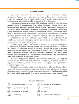 — індивідуальна робота;
	 — робота в парах;
	 — робота в групах;
	 — читання;
	 — вправи з аудіювання;
	 — письмо;
	 — гра;
	 — інтерактивні завдання.
Дорогий друже!
Ось уже четвертий рік ти знайомитимешся з багатим світом
німецької. Мова — це можливість не лише глибше пізнати особливості
культури, традицій, життя іншої країни, але й знайти нових друзів, які
розмовляють цією мовою або ж вивчають її як іноземну.
Німецькою спілкуються понад 100 мільйонів людей у світі. Це мова
великих поетів і письменників Ґете, Гейне, Шіллера, Ґрасса, Гессе, все­
світньовідомих казкарів Гауффа, братів Ґрімм, геніальних композиторів
Моцарта, Баха, Бетховена, Шуберта, Шуманна, мислителів і філософів
Канта, Фейєрбаха, Ніцше, вчених і винахідників Дизеля, Ейнштейна, Рент­
ґена та багатьох інших талановитих і знаменитих особистостей, які своєю
працею зробили наше життя цікавішим, кращим, духовно багатшим.
Сподіваюся, що цей підручник дасть тобі змогу наблизитися до
скарб­
ниць німецької культури, відчути дух німецького народу, познайо-
митися з життям cвоїх однолітків.
У підручнику подані здебільшого вправи на читання, аудіювання
й  мов­
лення. Основна частина вправ на письмо міститься в робочо-
му зошиті. У кожному уроці на початку подаються слова та вирази,
необхідні для розуміння та спілкування в рамках запропонованої тема-
тики. Наприкінці кожного розділу вміщено матеріал для повторення.
Вправи супроводжуються спеціальними піктограмами, які допоможуть
тобі зорієнтуватися в матеріалі уроку.
У кінці підручника подано граматичний довідник, де зібрано
пояснення до вивченого граматичного матеріалу, а також німецько-
український словник, який містить слова та вирази, що трапляються
в цьому підручнику.
Сподіваюся, матеріал підручника допоможе тобі ще більше збага-
тити свої знання, розширити кругозір, ближче познайомитися зі  світом
німецької мови і переконатися у правильності вислову: Wer Fremdsprachen
lernt, hat schon gewonnen! (Хто вчить іноземні мови, вже виграв!)
Автор
Умовні позначки:
5
 