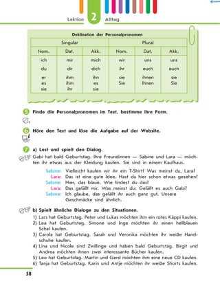 	Finde die Personalpronomen im Text, bestimme ihre Form.
	Höre den Text und löse die Aufgabe auf der Website.
	a) Lest und spielt den Dialog.
Gabi hat bald Geburtstag. Ihre Freundinnen — Sabine und Lara — möch-
ten ihr etwas aus der Kleidung kaufen. Sie sind in einem Kaufhaus.
	 Sabine:	 Vielleicht kaufen wir ihr ein T-Shirt? Was meinst du, Lara?
	 Lara:	 Das ist eine gute Idee. Hast du hier schon etwas gesehen?
	 Sabine:	 Hier, das blaue. Wie findest du das?
	 Lara:	 Das gefällt mir. Was meinst du: Gefällt es auch Gabi?
	 Sabine:	 Ich glaube, das gefällt ihr auch ganz gut. Unsere
Geschmäcke sind ähnlich.
	 b)	Spielt ähnliche Dialoge zu den Situationen.
1)	
Lars hat Geburtstag. Peter und Lukas möchten ihm ein rotes Käppi kaufen.
2)	
Lea hat Geburtstag. Simone und Inge möchten ihr einen hellblauen
Schal kaufen.
3)	
Carola hat Geburtstag. Sarah und Veronika möchten ihr weiße Hand-
schuhe kaufen.
4)	
Lina und Nicole sind Zwillinge und haben bald Geburtstag. Birgit und
Andrea möchten ihnen zwei interessante Bücher kaufen.
5)	
Leo hat Geburtstag. Martin und Gerd möchten ihm eine neue CD kaufen.
6)	
Tanja hat Geburtstag. Karin und Antje möchten ihr weiße Shorts kaufen.
Deklination der Personalpronomen
Singular Plural
Nom. Dat. Akk. Nom. Dat. Akk.
ich mir mich wir uns uns
du dir dich ihr euch euch
er
es
sie
ihm
ihm
ihr
ihn
es
sie
sie
Sie
ihnen
Ihnen
sie
Sie
2
Lektion Alltag
58
 