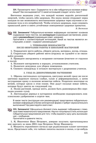 121
331. Просмотрите текст. Содержится ли в нём побудительно-волевая инфор-
мация? Как она выражается? С какой интонацией следует читать текст?
Âîñòî÷íàÿ ìåäèöèíà ó÷èò, ÷òî êàæäûé ÷åëîâåê íàäåëёí äîñòàòî÷íîé
ýíåðãèåé, ÷òîáû ñäåëàòü ñåáÿ çäîðîâûì. Ýòà íàóêà æèçíè îòêðûâàåò ïåðåä
êàæäûì èç íàñ âîçìîæíîñòü âîññòàíîâëåíèÿ çäîðîâüÿ ÷åðåç èçó÷åíèå è ïî-
íèìàíèå òåëà è åãî ïîòðåáíîñòåé. ×òîáû îñòàòüñÿ çäîðîâûì, íàäî ñëåäîâàòü
ïðàâèëüíîé äèåòå è èìåòü óñòîé÷èâûå ïîâñåäíåâíûå çäîðîâûå ïðèâû÷êè.
Â. Âîñòîêîâ
332. Запомните! Побудительно-волевая информация составляет основное
содержание таких текстов, как инструкция (содержащая наставление, указа-я
ние) и рекомендация (содержащая совет, указание).
Прочитайте с соответствующей интонацией. Какой из текстов является ин-
струкцией, а какой – содержит рекомендации?
1. ÒÐÅÁÎÂÀÍÈß ÁÅÇÎÏÀÑÍÎÑÒÈ
ÏÎÑËÅ ÎÊÎÍ×ÀÍÈß ÐÀÁÎÒÛ Â ØÊÎËÜÍÎÉ ÌÀÑÒÅÐÑÊÎÉ
1. Óïîðÿäî÷èòå ìåñòî ðàáîòû, óáåðèòå äåòàëè, ìàòåðèàë, ìóñîð, îòõîäû.
2. Ñòàðàòåëüíî óáåðèòå ðàáî÷åå ìåñòî (ñòðóæêó íå ñäóâàéòå è íå ñìàõè-
âàéòå ðóêàìè).
3. Ïðèâåäèòå èíñòðóìåíòû â èñïðàâíîå ñîñòîÿíèå (î÷èñòèòå îò ñòðóæêè
è ïûëè).
4. Ïîëîæèòå èíñòðóìåíòû â ïîðÿäêå, óñòàíîâëåííîì ó÷èòåëåì.
5. Íàçíà÷üòå äåæóðíûõ äëÿ óáîðêè ïîìåùåíèÿ.
6. Ñíèìèòå ñïåöîäåæäó è îñòàâüòå ìàñòåðñêóþ ñ ðàçðåøåíèÿ ó÷èòåëÿ.
2. ÓÕÎÄ ÇÀ ÄÅÊÎÐÀÒÈÂÍÛÌÈ ÐÀÑÒÅÍÈßÌÈ
1. Îáðåçêà ëèñòîïàäíûõ êóñòàðíèêîâ, öâåòóùèõ âåñíîé: ñðàçó æå ïîñëå
öâåòåíèÿ âûðåæüòå ñíà÷àëà ñëàáûå, ñóõèå è äåôîðìèðîâàííûå, à çàòåì
çàãóùàþùèå êðîíó è èçëèøíå âåòâèñòûå ïîáåãè. Óêîðîòèòå íåêîòîðûå èç
âåòâåé, êîòîðûå öâåëè â ýòîì ñåçîíå. Îíè äàäóò ñèëüíûå íîâûå ïîáåãè,
êîòîðûå áóäóò öâåñòè íà ñëåäóþùèé ãîä.
2. Ïîëèâ ðàñòåíèé, ïðåæäå âñåãî, äîëæåí áûòü ðàâíîìåðíûì (áåç ïåðå-
ïàäîâ âëàæíî–ñóõî).
3. Ëèñòîïàäíûå äåðåâüÿ è êóñòàðíèêè íåîáõîäèìî ïîäêàðìëèâàòü êîì-
ïëåêñíûìè óäîáðåíèÿìè â àïðåëå–ìàå.
В каком тексте (инструкции или рекомендации) представлена побудительно-
волевая информация в более категоричной форме и требует неукоснительного
выполнения? Аргументируйте свой ответ.
333. Запомните! Официально-деловой стиль выражает побуждение с помо-й
щью повествовательного предложения. Научно-популярный стиль использует
побудительные предложения для того, чтобы выразить одну цель высказыва-
ния – сообщение.
Прочитайте и сравните тексты.
1. ß, Èâàí÷åíêî Èâàí Ïåòðîâè÷, äîâåðÿþ ïîëó÷èòü ïðè÷èòàþùóþñÿ
ìíå çàðïëàòó çà èþíü 2015 ãîäà Ïåòðåíêî Ïåòðó Èâàíîâè÷ó.
2. Ìîùíîñòü îòðàæёííîãî ñèãíàëà ïðè ðàäèîëîêàöèè ïëàíåò íè÷òîæíî
ìàëà. Ïðåäñòàâüòå ñåáå, ÷òî ÷àéíèê êèïÿòêà âûëèëè â îêåàí, à ãäå-íèáóäü
 