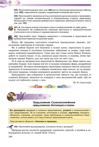 164
Прочитайте ещё раз текст упр. 446 молча. Используя заполненную таблицу
(упр. 448), перескажите отрывок, содержащий описание местности.
450. Прослушайте несколько устных изложений одноклассников и прокоммен-
тируйте их, указав положительные и отрицательные стороны пересказов.
Используйте план анализа выборочного пересказа публицистического текста
(см. упр. 123).
451. А. Составьте список ключевых слов и словосочетаний по теме урока.
Б. Расскажите об особенностях описания местности в публицистическом
стиле речи и его отличии от художественного описания.
452. Прочитайте текст. Найдите микротекст с описанием и подготовьте его
выборочный пересказ на русском языке.
Êàíіâ. Öå ïðàäàâíє ïîñåëåííÿ ñëàâèòüñÿ ïðåêðàñíèìè ëþäüìè, óíі-
êàëüíèìè ìàéñòðàìè é ñâÿòèìè ãîðàìè.
ßê ÿ ëþáëþ áóâàòè òóò! Îäÿãíåíі â çåëåíі øàòè, ÷åðãóþ÷èñü іç ðóêî-
òâîðíèìè ëàíàìè é ëóãîâèìè êèëèìàìè, äіáðîâàìè òà ãàÿìè, ãîðè íàáó-
âàþòü îñîáëèâîї ïðèâàáëèâîñòі. Ñàìå ïðî íèõ ñëîâà ïîåòà Ïàâëà Òè÷èíè,
äîáóòі іç ñàìîãî ñåðöÿ: «І âè, êàíіâñüêі ðіäíі âèñîòè, іç æèâèì, âі÷íî òðå-
ïåòíèì ñåðöåì Òàðàñà, äëÿ íàñ âèùі âіä óñіõ íà ñâіòі ãіð».
Òà é öèì íå âè÷åðïóєòüñÿ âèíÿòêîâіñòü Êàíіâñüêèõ ãіð. Âîíè ìàþòü íàä-
çâè÷àéíó áóäîâó: їõíі ïîðîäè çіì’ÿòі â ñêëàäêè õèìåðíèõ ôîðì, ðîçäðîáëåíі
é ïîêðèâëåíі. Çà ñâîєþ íåïîâòîðíîþ ñòðóêòóðîþ êàíіâñüêі âèñîòè óíіêàëüíі.
Àðõåîëîãè é ïàëåîíòîëîãè â ãëèáèíàõ êàíіâñüêèõ ÿðіâ ÷èòàëè, ÿê ïî âіäêðè-
òіé êíèçі ïðèðîäè, іñòîðіþ íåâïèííîãî ðîçâèòêó æèòòÿ íà ïëàíåòі Çåìëÿ.
Äîâіäàâøèñü ïðî óòâîðåííÿ é àðõåîëîãі÷íå ìèíóëå ãіð, ùî ñóñіäÿòü çі
ñëàâíèì Äíіïðîì, çâàæòåñÿ íà ïîäîðîæ ó íàø ìàëüîâíè÷èé êðàé, àáè íà
âëàñíі î÷і ïîáà÷èòè êîæíó ç íèõ.
Ïî È. Ñîðîêîïóäó
Ïðåäëîæåíèå. Ñëîæíîñî÷èíёííîå
ïðåäëîæåíèå. Èíòîíàöèÿ è ñîþçû
Вы расширите сведения о сложных предложениях, узнаете о сложносочинён-
ных предложениях, об их строении, интонации и союзах; научитесь находить,
объяснять строение, интонацию, знаки препинания в сложносочинённых пред-
ложениях, использовать этот вид сложных предложений в речи.
Тема речевого общения: «Человек и природа».
453. Прочитайте высказывание. Согласны ли вы с автором?
Ïðèðîäà âñåãäà ÿâëÿåòñÿ ïðàâäèâîé, ñåðüёçíîé, ñòðîãîé, à îøèáêè è çà-
áëóæäåíèÿ èñõîäÿò îò ëþäåé (È.Â. Ãёòå).
УрокУрок 5050
 