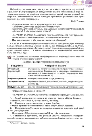 21
Èçáåãàéòå ãðóñòíûõ òåì, ïîòîìó ÷òî îíè ìîãóò ïðèâåñòè ñëóøàòåëåé
â óíûíèå1. Âûáîð èíòåðåñíûõ òåì äîâîëüíî âåëèê: âåëèêîëåïíàÿ èãðà àê-
òёðîâ â ñïåêòàêëå, êîòîðûé âû íåäàâíî âèäåëè, íîâûé çàíèìàòåëüíûé êè-
íîôèëüì, çàìå÷àòåëüíàÿ êíèãà, êîòîðóþ ïðî÷èòàëè, óâëåêàòåëüíîå ïóòå-
øåñòâèå, êîòîðîå ñîâåðøèëè...
Ïî Ç. Òåðëàêó
Определите стиль текста. Аргументируйте свой ответ.
Какие темы для бесед в обществе называет автор?
Какие темы для бесед актуальны в среде ваших сверстников? Что вы любите
обсуждать? О чём дискутируете, спорите?
41. РАБОТА В ПАРАХ.ХХ Переделайте текст-монолог упр. 40 в текст-диалог, ис-
пользуя данную начальную реплику и справочные материалы.
– Êàê òû äóìàåøü, î ÷ёì ìîæíî ãîâîðèòü â îáùåñòâå?
С п р а в к а. Речевые формулы вежливости: скажи, пожалуйста; будь так добр;
большое спасибо; по моему мнению; не мог бы ты; благодарю тебя... и др. Фразы
для поддержания разговора: Я думаю... , а ты? Что ты мне посоветуешь? А что
нужно сделать, чтобы... ? А каково твоё мнение по этому поводу? Какие темы
были подняты? и др.
42. Ознакомьтесь с наиболее распространёнными видами диалогов. Что в них
общего и чем они различаются?
Íàèáîëåå ðàñïðîñòðàíёííûå âèäû äèàëîãîâ
Вид диалога Содержание диалога
Этикетный
(контактный)
Обращение и привлечение внимания; приветствие и проща-
ние; знакомство; благодарность, извинение, поздравление;
уверенность / неуверенность; согласие / несогласие; ней-
трализация конфликта и др.
Информационный Расспрос, сообщение, обсуждение и др.
Экспрессивный Выражение радости, восхищения, похвалы, сочувствия, уте-
шения и др.
Побудительный Советы, рекомендации, уговор, приказ, предупреждение и др.
Определите вид диалога из упр. 37.
43. РАБОТА В ГРУППАХ. Прочитайте и определите вид каждого мини-диалога.
1. – Äàâàé çàâòðà âìåñòå ñõîäèì íà êîíöåðò ãðóïïû «Îêåàí Ýëüçû».
– Èçâèíè, íî çàâòðà ÿ, ê ñîæàëåíèþ, íå ñìîãó.
2. – Ïîçâîëüòå ïðåäñòàâèòü ìîåãî äðóãà Àðòёìà.
– Î÷åíü ïðèÿòíî ïîçíàêîìèòüñÿ. Ìåíÿ çîâóò Àííà Ñåðãååâíà.
3. – Ïðåäñòàâëÿåø(?), â÷..ðà èç äàëüíå..î ïëàâàíèÿ â..ðíóëñÿ ìîé ïàïà!
ß òàê (ñ÷,ù)àñ(?)ëèâ!
– Ï..çäðàâëÿþ! Ïð..êðàñíàÿ íîâîñòü! ß çà òåáÿ î÷..íü ðàä.
4. – Íåäàâíî ÿ ïðî÷èòàëà, ÷òî ó÷ёíûì óäàëîñü ðàçðàáîòàòü ïðîãðàìì-
íîå îáåñïå÷åíèå, ïîçâîëÿþùåå ðîáîòàì âçàèìîäåéñòâîâàòü äðóã ñ äðóãîì.
1 Óíûíèå – ïå÷àëü, ñêóêà.
 