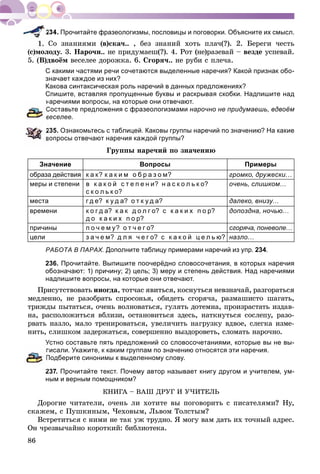 86
Прочитайте фразеологизмы, пословицы и поговорки. Объясните их смысл.
Ñî çíàíèÿìè (â)ñêà÷.. , áåç çíàíèé õîòü ïëà÷(?). 2. Áåðåãè ÷åñòü
(ñ)ìîëîäó. 3. Íàðî÷í.. íå ïðèäóìàåø(?). 4. Ðîò (íå)ðàçåâàé – âåçäå óñïåâàé.
5. (Â)äâîёì âåñåëåå äîðîæêà. 6. Ñãîðÿ÷.. íå ðóáè ñ ïëå÷à.
С какими частями речи сочетаются выделенные наречия? Какой признак обо-
значает каждое из них?
Какова синтаксическая роль наречий в данных предложениях?
Спишите, вставляя пропущенные буквы и раскрывая скобки. Надпишите над
наречиями вопросы, на которые они отвечают.
Составьте предложения с фразеологизмами нарочно не придумаешь, вдвоём
веселее.
235. Ознакомьтесь с таблицей. Каковы группы наречий по значению? На какие
вопросы отвечают наречия каждой группы?
Ãðóïïû íàðå÷èé ïî çíà÷åíèþ
Значение Вопросы Примеры
образа действия к а к? к а к и м о б р а з о м? громко, дружески…
меры и степени в к а к о й с т е п е н и? н а с к о л ь к о?
с к о л ь к о?
очень, слишком…
места г д е? к у д а? о т к у д а? далеко, внизу…
времени к о г д а? к а к д о л г о? с к а к и х п о р?
д о к а к и х п о р?
допоздна, ночью…
причины п о ч е м у? о т ч е г о? сгоряча, поневоле…
цели з а ч е м? д л я ч е г о? с к а к о й ц е л ь ю? назло…
РАБОТА В ПАРАХ. Дополните таблицу примерами наречий из упр. 234.
236. Прочитайте. Выпишите поочерёдно словосочетания, в которых наречия
обозначают: 1) причину; 2) цель; 3) меру и степень действия. Над наречиями
надпишите вопросы, на которые они отвечают.
Ïðèñóòñòâîâàòü èíîãäà, òîò÷àñ ÿâèòüñÿ, êîñíóòüñÿ íåâçíà÷àé, ðàçãîðàòüñÿ
ìåäëåííî, íå ðàçîáðàòü ñïðîñîíüÿ, îáèäåòü ñãîðÿ÷à, ðàçìàøèñòî øàãàòü,
òðèæäû ïûòàòüñÿ, î÷åíü âîëíîâàòüñÿ, ãóëÿòü äîòåìíà, ïðîèçðàñòàòü èçäàâ-
íà, ðàñïîëîæèòüñÿ âáëèçè, îñòàíîâèòüñÿ çäåñü, íàòêíóòüñÿ ñîñëåïó, ðàçî-
ðâàòü íàçëî, ìàëî òðåíèðîâàòüñÿ, óâåëè÷èòü íàãðóçêó âäâîå, ñëåãêà èçìå-
íèòü, ñëèøêîì çàäåðæàòüñÿ, ñîâåðøåííî âûçäîðîâåòü, ñëîìàòü íàðî÷íî.
Устно составьте пять предложений со словосочетаниями, которые вы не вы-
писали. Укажите, к каким группам по значению относятся эти наречия.
Подберите синонимы к выделенному слову.
237. Прочитайте текст. Почему автор называет книгу другом и учителем, ум-
ным и верным помощником?
ÊÍÈÃÀ – ÂÀØ ÄÐÓÃ È Ó×ÈÒÅËÜ
Äîðîãèå ÷èòàòåëè, î÷åíü ëè õîòèòå âû ïîãîâîðèòü ñ ïèñàòåëÿìè? Íó,
ñêàæåì, ñ Ïóøêèíûì, ×åõîâûì, Ëüâîì Òîëñòûì?
Âñòðåòèòüñÿ ñ íèìè íå òàê óæ òðóäíî. ß ìîãó âàì äàòü èõ òî÷íûé àäðåñ.
Îí ÷ðåçâû÷àéíî êîðîòêèé: áèáëèîòåêà.
 