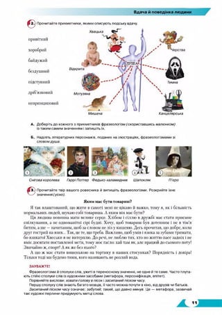 Вдача й поведінка людини
© Прочитайте прикметники, якими описують людську вдачу.
Хвацька
привітніш
хоробрий
байдужий
бездушний
підступний
дріб’язковий
непринциповий
*1 у / у
Відкрита
Мотузяна
Темна
Мишача Канцелярська
А. Доберіть до кожного з прикметників фразеологізм (скориставшись малюнком)
із таким самим значенням і запишіть їх.
Б. Наділіть літературних персонажів, поданих на ілюстраціях, фразеологізмами зі
словом душа.
Снігова королева Гаррі Поттер Федько -халамидник Шапокляк П'єро
» 3 . Прочитайте твір вашого ровесника й випишіть фразеологізми. Розкрийте їхнє
^ значення (усно).
Яким має бути товариш?
Я так влаштований, що жити в самоті мені не цікаво й важко, тому я, як і більшість
нормальних людей, шукаю собі товариша. А яким він має бути?
Ця людина повинна мати велике серце. Хлібом і сіллю в дружбі має стати приємне
спілкування, а не одноманітні сірі будні. Хочу, щоб товариш був дотепним і не в тім’я
битим, а ще —начитаним, щоб за словом не ліз у кишеню. Десь прочитав, що добре, коли
друг гострий на язик... Так, це те, що треба. Важливо, щоб умів і язика за зубами тримати,
бо язикатої Хвеськи я не витерплю. До речі, не люблю тих, хто но життю пасе задніх і не
вміє досягати поставленої мети, тому моє гасло: хай там як, але працюй до сьомого поту!
Звичайно ж, спорт! А як же без нього?
А що ж має стати вишенькою на тортику в наших стосунках? Порядність і довіра!
Тільки тоді ми будемо тими, кого називають не розлий вода.
ЗАУВАЖТЕ!
Фразеологізми й сполуки слів, ужиті в переносному значенні, не одне й те саме. Часто плута­
ють стійкі сполуки слів із художніми засобами (метафора, персоніфікація, епітет).
Порівняйте вислови: ховати голову в пісок і засипаний піском часу.
Першу сполуку слів знають багато мовців, її часто можна почути в кіно, від друзів чи батьків.
Засипаний піском часу означає: забутий; такий, що давно минув. Це — метафора, зазвичай
такі художні перлини придумують митці слова.
 