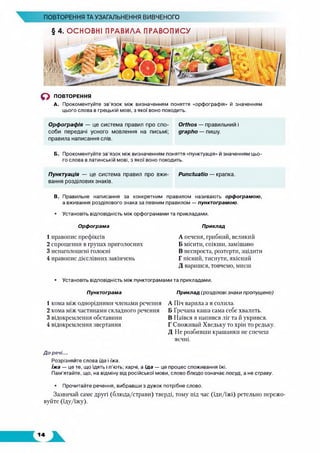 ПОВТОРЕННЯ ТА УЗАГАЛЬНЕННЯ ВИВЧЕНОГО
§ 4. ОСНОВНІ ПРАВИЛА ПРАВОПИСУ
О ПОВТОРЕННЯ
А. Прокоментуйте зв’язок між визначенням поняття «орфографія» й значенням
цього слова в грецькій мові, з якої воно походить.
Орфографія — це система правил про спо- Orthos — правильний і
соби передачі усного мовлення на письмі; grapho — пишу,
правила написання слів.
Б. Прокоментуйте зв'язок між визначенням поняття «пунктуація» й значенням цьо­
го слова в латинській мові, з якої воно походить.
Пунктуація — це система правил про вжи- Punctuatio — крапка,
вання розділових знаків.
В. Правильне написання за конкретним правилом називають орфограмою,
а вживання розділового знака за певним правилом — пунктограмою.
• Установіть відповідність між орфограмами та прикладами.
Орфограма
1 правопис префіксів
2 спрощення в групах приголосних
3 ненаголошені голосні
4 правопис дієслівних закінчень•
Приклад
А печеня, грибний, великий
Б місити, спікши, замішано
В неспроста, розтерти, зцідити
Г пісний, тиснути, якісний
Д варишся, товчемо, миєш
• Установіть відповідність між пунктограмами та прикладами.
Пунктограма
1 кома між однорідними членами речення
2 кома між частинами складного речення
3 відокремлення обставини
4 відокремлення звертання
Приклад (розділові знаки пропущено)
А Піч варила а я солила.
Б Гречана каша сама себе хвалить.
В Наївся я напився ліг та й укрився.
Г Споживай Хведьку то хрін то редьку.
Д Не розбивши крашанки не спечеш
яєчні.
До речі...
Розрізняйте слова їда і їжа.
їжа — це те, що їдять і п’ють; харчі, а їда — це процес споживання їжі.
Пам’ятайте, що, на відміну від російської мови, слово блюдо означає посуд, а не страву.
• Прочитайте речення, вибравши з дужок потрібне слово.
Зазвичай саме другі (блюда/страви) тверді, тому під час (їди/їжі) ретельно пережо­
вуйте (їду/їжу).
14
 