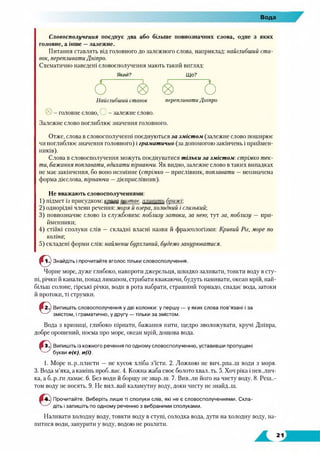Вода
Словосполучення поєднує два або більше повнозначних слова, одне з яких
головне, а інше —залежне.
Питання ставлять від головного до залежного слова, наприклад: найглибший ста­
вок, перепливати Дніпро.
Схематично наведені словосполучення мають такий вигляд:
Який? Що?
б 0 0 <бНайглибший ставок перепливати Дніпро
0- головне слово, :- залежне слово.
Залежне слово поглиблює значення головного.
Отже, слова в словосполученні поєднуються за змістом (залежне слово поширює
чи поглиблює значення головного) і граматично (за допомогою закінчень і приймен­
ників).
Слова в словосполучення можуть поєднуватися тільки за змістом: стрімко тек­
ти, бажання поплавати, вдихати пірнаючи. Як видно, залежне слово в таких випадках
не має закінчення, бо воно незмінне (стрімко —прислівник, поплавати —неозначена
форма дієслова, пірнаючи —дієприслівник).
Не вважають словосполученнями:
1) підмет із присудком: крига позтає. 
2) однорідні члени речення: моря й озера, холодний і слизький;
3) повнозначне слово із службовим: поблизу затоки, за нею; тут за, поблизу — при­
йменники;
4) стійкі сполуки слів — складні власні назви й фразеологізми: Кривий Ріг, море по
коліна;
5) складені форми слів: найменш бурхливий, будемо занурюватися.
© Знайдіть і прочитайте вголос тільки словосполучення.
Чорне море, дуже глибоко, навпроти джерельця, швидко заливати, товкти воду всту­
пі, річки й канали, понад лиманом, стрибати квакаючи, будуть намивати, океан мрій, най­
більш солоне, гірські річки, води в рота набрати, страшний торнадо, спадає вода, затоки
й протоки, ті струмки.
©2.) Випишіть словосполучення у дві колонки: у першу ■
змістом, і граматично, у другу — тільки за змістом.
у яких слова пов язані і за
Вода з криниці, глибоко пірнати, бажання пити, щедро зволожувати, кручі Дніпра,
добре орошений, поема про море, океан мрій, дощова вода.
©3.) Випишіть із кожного речення по одному словосполученню, уставивши пропущені
букви е(є), И(ї).
1. Море п..р..плисти — не кусок хліба з'їсти. 2. Ложкою не вич..рпа..ш води з моря.
3. Вода м’яка, а камінь проб..ває. 4. Кожна жаба своє болото хвал..ть. 5. Хоч ріка і нев..лич-
ка, а б..р..ги ламає. 6. Без води й борщу не звар.дн. 7. Вив.ли його на чисту воду. 8. Реш..-
том воду не носять. 9. Не вил..вай каламутну воду, доки чисту не знайд..ш.
©4.) Прочитайте. Виберіть лише ті сполуки слів, які не є словосполученнями. Скла­
діть і запишіть по одному реченню з вибраними сполуками.
Наливати холодну воду, товкти воду в ступі, солодка вода, дути на холодну воду, на­
питися води, занурити у воду, водою не розлити.
 