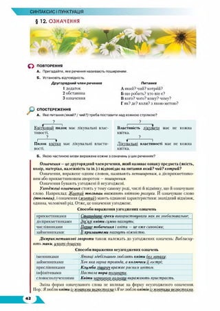 СИНТАКСИС І ПУНКТУАЦІЯ
§ 12. ОЗНАЧЕННЯ
О ПОВТОРЕННЯ
А. Пригадайте, яке речення називають поширеним.
Б. Установіть відповідність.
Другорядний член речення Питання
1 додаток
2 обставина
3 означення
А який? чий? котрий?
Б що робить? хто він є?
В кого? чого? кому? чому?
Г як? де? коли? з якою метою?
СПОСТЕРЕЖЕННЯ
А. Яке питання (який? / чий?) треба поставити над кожною стрілкою?
?
І^дідзощід пилок має лікувальні влас­
тивості.
?
і : 7*
Пилок щіідкц має лікувальні власти­
вості.
?
Властивість діі<увдді має не кожна
квітка.
?
„ *--------- :---------- 1
Тщувддьці властивості має не кожна
квітка.
Б. Якою частиною мови виражене кожне з означень у цих реченнях?
Означення —це другорядний член речення, який називає ознаку предмета (якість,
колір, матеріал, належність та ін.) і відповідає на питання який? чий? котрий?
Означення, виражене одним словом, називають непоширеним, а дієприкметнико­
вим або прикметниковим зворотом —поширеним.
Означення бувають узгоджені й неузгоджень
Узгоджені означення стоять у тому самому роді, числі й відмінку, що й означуване
слово. Наприклад: ЯСоутиіі тюльпан вважають квіткою розлуки. Й означуване слово
(тюльпан), і означення (жювтий) мають однакові характеристики: знахідний відмінок,
однина, чоловічий рід. Отже, це означення узгоджене.
Способи вираження узгоджених означень
прикметниками Стародавні греки використовували мак як знеболювальне',
дієприкметниками Зів!ялі квіти сумно пахнуть',
числівниками Перше побачення і квіти —це вже синоніми;
займенниками: Її хризантеми пахнуть ніжністю.
Дієприкметникові звороти також належать до узгоджених означень: Виблиску­
ють маки, умШшЗоиШШ,-
Способи вираження неузгоджених означень
іменниками Японці здебільшого люблять квіти без запаху;
займенниками Хоч яка гарна троянда, а колючки її гострі;
прислівниками Клумба .щоруч вражає рясним цвітом.
інфінітивами Настала пора прдуругуу.
словосполученнями Квіти червоного кольори виражають пристрасть.
Зміна форми означуваного слова не впливає на форму неузгодженого означення.
Пор.: Я люблю квіти із[жовтими пелюстками іЯ нелюблю квітів ізжовшмипелюстами.
 