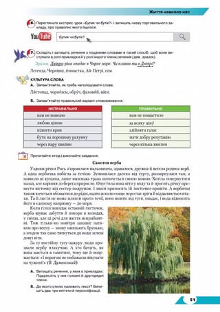 Життя навколо нас
Перегляньте експрес-урок «Бутик чи бутік?» і запишіть назву торговельного за­
кладу, про правопис якого йшлося.
УоиСТІ Бутик чи бутік? О ч
У*в
7.) Складіть і запишіть речення з поданими словами в такий спосіб, щоб вони ви­
ступали в ролі прикладки й у ролі іншого члена речення (див. зразок).
Зразок. Дніпро-ріка впадає в Чорне море. Чи плавав ти в Дніпрі?
Легенда, Чернівці, гімнастка, Ай-Петрі, сом.
Пі КУЛЬТУРА СЛОВА
А. Запам’ятайте, як треба наголошувати слова.
Листопад, чорнозем, обруч, фаховий, ваги.
Б. Запам’ятайте правильний варіант слововживання.
НЕПРАВИЛЬНО ПРАВИЛЬНО
нам не повезло нам не пощастило
любою ціною за всяку ціну
підняти крик здійняти галас
бути на хорошому рахунку мати добру репутацію
через пару хвилин через кілька хвилин
Прочитайте етюд і виконайте завдання.
Самотня верба
Уздовж річки Рось з’юрмилася мальовнича, здавалося, дружна й весела родина верб.
А одна вербичка побігла за течією. Зупинилася далеко від гурту, роззирнулася там, а
навколо ні кущика, лише низенька трава шепочеться своєю мовою. Хотіла повернутися
назад, але коріння до берега приросло. Опустила вона віти у воду та й просить річку при­
нести вісточку від сестер-подружок. І хвилі приносять їй листочки-привіти. А вербичці
також хочеться обізватися до рідні, надто ж коли сонце перестає гріти й віддаляються пта­
хи. Та її листя не може пливти проти течії, воно жовтіє від туги, опадає, і вода відносить
його в єдиному напрямку —до моря.
Коли гілки покидає останній листочок,
верба шукає забуття й покори в холодах,
у снігах, але ці речі для життя неприйнят­
ні. Тож тільки-но повітря запахне натя­
ком про весну —знову оживають бруньки,
а згодом так само тягнуться до води зелені
довгі віти.
За ту постійну тугу-зажуру люди про­
звали вербу плакучою. А хто бачить, як
вона мається в самотині, тому ще й поду-
мається: «І ворогові не побажаєш вікувати
на чужині!» (В. Думанський).
А. Випишіть речення, у яких є прикладки.
Підкресліть у них головні й другорядні
члени.
Б. До якого стилю належить текст? Випи­
шіть два-три епітети й персоніфікації.
 