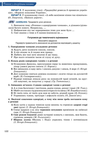 122
Ðå÷åííÿ ç îäíîðiäíèìè ÷ëåíàìè
ВАРІАНТ Б. Ó íàóêîâîìó ñòèëі: «Òðàäèöіéíі ðåìåñëà é ïðîìèñëè óêðàїí-
öіâ», «Êîðèñíі êîïàëèíè Óêðàїíè».
ВАРІАНТ В. Ó õóäîæíüîìó ñòèëі: «À íåáî çàñíіæåíå íіæíî òàê íіæèòüñÿ»
(Î. Ëÿùåíêî), «Çàâіÿëî äîðîãè».
САМООЦІНКА. Продовжте усно речення.
1. Âèâ÷àþ÷è òåìó «Ðå÷åííÿ ç îäíîðіäíèìè ÷ëåíàìè», ÿ äіçíàâñÿ (äіçíà-
ëàñÿ) áàãàòî íîâîãî. Íàïðèêëàä, ...
2. Íàéâàæ÷èì ïіä ÷àñ îïðàöþâàííÿ òåìè äëÿ ìåíå áóëî ...
3. Ñâîї çíàííÿ ç òåìè ÿ á îöіíèâ (îöіíèëà) íà ...
Готуємося до тематичного оцінювання
Виконайте завдання.
Перевірте правильність виконання за допомогою відповідей у додатку
1. Îäíîðіäíèìè ÷ëåíàìè óñêëàäíåíî ðå÷åííÿ
À Áóäóòü äèòÿ êîëèñàòè ñîêîëè, ñîêîëè.
Á À âіí âіçüìè òà é ñêàæè âñþ ïðàâäó.
Â Ëþáèòü âіí òàêі íî÷і ìіñÿ÷íі é öþ òèøó.
Ã Ïðî íüîãî îñòàííіì ÷àñîì íі ñëóõó íі äóõó.
2. Êіëüêà ðÿäіâ îäíîðіäíèõ ÷ëåíіâ є â ðå÷åííі
À Îãëÿíóâøè Äàíèëêà, ïðîñëóõàâøè ñåðöå òà æèâîòèêà ïðîùóïàâøè,
ëіêàð óçÿâñÿ ðâó÷êî ïèñàòè (І. Êîðñàê).
Á Âñå çìіøàëîñü â îäíó ìèòü і çëèëîñü äîêóïè: і çåìëÿ, é ìîðå (І. Íå÷óé-
Ëåâèöüêèé).
Â Äîñі êîæíîìó ñíèòüñÿ äîìіâêà êîëèøíÿ і ëåëå÷å ãíіçäî íà äóïëèñòіé
âåðáі (Â. Ñêîìàðîâñüêèé).
Ã Íàäâîðі ïîâñþäè ëåæàëà ðîñà: íà ïîæîâêëіé òðàâі îñіííіé, íà êðóã-
ëіé ïàâóòèíі, íà êàïóñòàõ ó ãîðîäі (Ãð. Òþòþííèê).
3. Çìіøàíèì çâ’ÿçêîì ç’єäíàíî îäíîðіäíі ÷ëåíè â ðå÷åííі
À À ÿ ñòàþ áàãàòøèì і ÷èñòіøèì, ðàäіþ ñîíöþ, ðîñàì і òðàâі (Ì. Òêà÷).
Á Îáàáі÷ ïî ñõèëàõ ãіð ðîçñèïàëèñÿ îòàðè êіç òà îâåöü (Ì. Êîöþáèíñüêèé).
Â Íі òâîїõ ñíіâ, íі òâîїõ äóì íàì íå çàáóòè, ðіäíèé êðàþ (Á. Ëåïêèé).
Ã Óêðèâøèñü òüìîþ, òðîòóàðè і àñôàëüòè ñïëÿòü (Î. Äîâãîï’ÿò).
4. Âèäіëåíі îçíà÷åííÿ îäíîðіäíі, à òîìó ìіæ íèìè òðåáà ïîñòàâèòè êîìó
â ðå÷åííі
À Êîëî õàòіâ ó ñàäêàõ òåìíіëè êóïè âèøåíü òà ñòðèìіëè çäîðîâі ñòàðі
äèêі ãðóøі (І. Íå÷óé-Ëåâèöüêèé).
Á Ñîíöå âäàðèëî ç-çà ëіñó ÷åðâîíèì ïîòóæíèì ïðîìіííÿì íà êèїâñüêі
ãîðè (І. Íå÷óé-Ëåâèöüêèé).
Â Ñèâі ðîæåâі áëàêèòíі äèìè êó÷åðÿâі ïëèíóòü ç âèñîêèõ, ìîâ áàøòè,
ñòðіìêèõ äèìàðіâ (Ì. Ðèëüñüêèé).
Ã Øèðîêà çåëåíà Îáîëîíü і Ïîäіë óêðèëèñü òіííþ і ïîòåìíіøàëè
(І. Íå÷óé-Ëåâèöüêèé).
275
 
