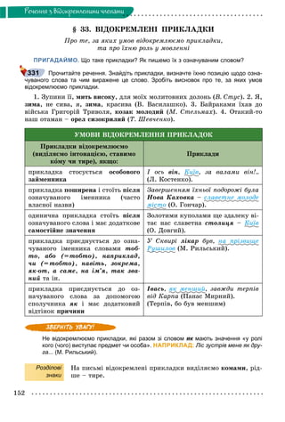 152
Ðå÷åííÿ ç âiäîêðåìëåíèìè ÷ëåíàìè
§ 33. ÂІÄÎÊÐÅÌËÅÍІ ÏÐÈÊËÀÄÊÈ
Ïðî òå, çà ÿêèõ óìîâ âіäîêðåìëþєìî ïðèêëàäêè,
òà ïðî їõíþ ðîëü ó ìîâëåííі
ПРИГАДАЙМО. Що таке прикладки? Як пишемо їх з означуваним словом?
Прочитайте речення. Знайдіть прикладки, визначте їхню позицію щодо озна-
чуваного слова та чим виражене це слово. Зробіть висновок про те, за яких умов
відокремлюємо прикладки.
1. Çóïèíè її, ìèòü âèñîêó, äëÿ ìîїõ ìîëèòîâíèõ äîëîíü (Â. Ñòóñ). 2. ß,
çèìà, íå ñèâà, ÿ, çèìà, êðàñèâà (Â. Âàñèëàøêî). 3. Áàéðàêàìè їõàâ äî
âіéñüêà Ãðèãîðіé Òðèâîëÿ, êîçàê ìîëîäèé (Ì. Ñòåëüìàõ). 4. Îòàêèé-òî
íàø îòàìàí – îðåë ñèçîêðèëèé (Ò. Øåâ÷åíêî).
ÓÌÎÂÈ ÂІÄÎÊÐÅÌËÅÍÍß ÏÐÈÊËÀÄÎÊ
Ïðèêëàäêè âіäîêðåìëþєìî
(âèäіëÿєìî іíòîíàöієþ, ñòàâèìî
êîìó ÷è òèðå), ÿêùî:
Ïðèêëàäè
ïðèêëàäêà ñòîñóєòüñÿ îñîáîâîãî
çàéìåííèêà
І îñü âіí, Êèїâ, çà âàëàìè âіí!..
(Ë. Êîñòåíêî).
ïðèêëàäêà ïîøèðåíà і ñòîїòü ïіñëÿ
îçíà÷óâàíîãî іìåííèêà (÷àñòî
âëàñíîї íàçâè)
Çàâåðøåííÿì їõíüîї ïîäîðîæі áóëà
Íîâà Êàõîâêà – ñëàâåòíå ìîëîäå
ìіñòî (Î. Ãîí÷àð).
îäèíè÷íà ïðèêëàäêà ñòîїòü ïіñëÿ
îçíà÷óâàíîãî ñëîâà і ìàє äîäàòêîâå
ñàìîñòіéíå çíà÷åííÿ
Çîëîòèìè êóïîëàìè ùå çäàëåêó âі-
òàє íàñ ñëàâåòíà ñòîëèöÿ – Êèїâ
(Î. Äîâãèé).
ïðèêëàäêà ïðèєäíóєòüñÿ äî îçíà-
÷óâàíîãî іìåííèêà ñëîâàìè òîá-
òî, àáî (=òîáòî), íàïðèêëàä,
÷è (= òîáòî), íàâіòü, çîêðåìà,
ÿê-îò, à ñàìå, íà іì’ÿ, òàê çâà-
íèé òà іí.
Ó Ñêâèðі ëіêàð áóâ, íà ïðіçâèùå
Ðóøèëîâ (Ì. Ðèëüñüêèé).
ïðèêëàäêà ïðèєäíóєòüñÿ äî îç-
íà÷óâàíîãî ñëîâà çà äîïîìîãîþ
ñïîëó÷íèêà ÿê і ìàє äîäàòêîâèé
âіäòіíîê ïðè÷èíè
Іâàñü, ÿê ìåíøèé, çàâæäè òåðïіâ
âіä Êàðïà (Ïàíàñ Ìèðíèé).
(Òåðïіâ, áî áóâ ìåíøèì)
Не відокремлюємо прикладки, які разом зі словом як мають значення «у ролік
кого (чого) виступає предмет чи особа». НАПРИКЛАД: Ліс зустрів мене як дру-
га... (М. Рильський).
Розділові
знаки
Íà ïèñüìі âіäîêðåìëåíі ïðèêëàäêè âèäіëÿєìî êîìàìè, ðіä-
øå – òèðå.
331
 