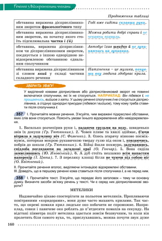 160
Ðå÷åííÿ ç âiäîêðåìëåíèìè ÷ëåíàìè
îáñòàâèíà âèðàæåíà äієïðèñëіâíèêî-
âèì çâîðîòîì ôðàçåîëîãі÷íîãî òèïó
Ãîäі âæå ñèäіòè ñêëàâøè ðóêè.
îáñòàâèíà âèðàæåíà äієïðèñëіâíèêî-
âèì çâîðîòîì, íà ïî÷àòêó ÿêîãî ñòî-
їòü ïіäñèëþâàëüíà ÷àñòêà і (é)
Ìîæíà ðîáèòè äîáðі ñïðàâè і íå
÷åêàþ÷è ïîõâàëè.
îáñòàâèíà, âèðàæåíà äієïðèñëіâíè-
êîì ÷è äієïðèñëіâíèêîâèì çâîðîòîì,
ïîєäíóєòüñÿ ç іíøîþ îäíîðіäíîþ íå-
âіäîêðåìëåíîþ îáñòàâèíîþ єäíàëü-
íèì ñïîëó÷íèêîì
Àâòîáóñ їõàâ øâèäêî é íå çóïè-
íÿþ÷èñü íà çóïèíêàõ.
îáñòàâèíà âèðàæåíà äієïðèñëіâíèêîì
çі ñëîâîì ÿêèé ó ñêëàäі ÷àñòèíè
ñêëàäíîãî ðå÷åííÿ
Íàòõíåííÿ – öå ìóçèêà, ïî÷óâ-
øè ÿêó ëþäèíà çäîáóâàє êðèëà.
У виділений комами дієприслівник або дієприслівниковий зворот не повинні
включатися сполучники, які їх не стосуються. НАПРИКЛАД: Він підвівся і,іі не
прощаючись, вийшов з хати. У цьому реченні сполучник і не стосується дієприс-
лівника, а з’єднує однорідні присудки (підвівся і вийшов), тому кому треба стави-
ти після сполучника і.
І. Прочитайте мовчки речення. З’ясуйте, чим виражені підкреслені обставини,
яких слів вони стосуються. Поясніть умови їхнього відокремлення або невідокремлен-
ня.
1. Âàñèëüêî ðîç÷åïіðèâ ðóêè і, ïàäàþ÷è ãðóäüìè íà âîäó, øâèäåíüêî
çâіâ їõ äîêóïè (Ãð. Òþòþííèê). 2. ×îâåí ïëèâå òà õâèëі çäіéìàє, á’þ÷è
âіòðèëà â çàäóìëèâó íі÷ (Ñ. Ôîìåíêî). 3. Îëåñü çãàðÿ÷ó íіÿêîâî ïîñìіõ-
íóâñÿ, ïîòîðêàâ ìîêðîþ ðóêàâè÷êîþ òâåðäó ãóëþ ïіä îêîì і, êîâçàþ÷èñü,
ïîáðіâ äî øêîëè (Ãð. Òþòþííèê). 4. Áіéöі éøëè ïîõìóðî, çàäóìàâøèñü,
ñïіäëîáà ïîãëÿäàþ÷è íà çàãàäêîâі êðàї (Î. Ãîí÷àð). 5. Âîíà ñèäіëà
çàìèñëèâøèñü (Þ. ßíîâñüêèé). 6. À äóá ñòîїòü íåçëàìíî âñіì íàïàñòÿì
íàïåðåêіð (І. Öþïà). 7. Ç ïåðåëÿêó õëîïöі áіãëè íå ÷óþ÷è ïіä ñîáîþ íіã
(Î. Êâіòíåâèé).
ІІ. Прочитайте речення вголос, виділяючи інтонацією відокремлені обставини.
ІІІ. Доведіть, що в першому реченні кома ставиться після сполучника і, а не перед ним.
І. Прочитайте текст. З’ясуйте, що передає його заголовок – тему чи основну
думку. Визначте засоби зв’язку речень у тексті. Чи є серед них дієприслівникові зво-
роти?
ÌÅÒÅËÈÊÈ
Íàäçâè÷àéíî öіêàâî ñïîñòåðіãàòè çà ïîëüîòîì ìåòåëèêіâ. Ïðîïëèâàþ÷è
ïîâіòðÿíèìè «êîðèäîðàìè», âîíè äóæå ÷àñòî ìàõàþòü êðèëàìè. Òàê ÷àñ-
òî, ùî îêðåìі ïîìàõè êðèë ëþäñüêå îêî ïîáà÷èòè íå ñïðîìîæíå. Íàïðè-
êëàä, ñîâêè і ïàâè÷åâå îêî ðîáëÿòü äî ï’ÿòäåñÿòè ïîìàõіâ íà ñåêóíäó. Íà
âіäñòàíі ïіâìåòðà ïîëіò ìåòåëèêà çäàєòüñÿ çîâñіì áåççâó÷íèì, òà êîëè âіí
ïðîëåòèòü áіëÿ ñàìîãî âóõà, òî, ïðèñëóõàâøèñü, ìîæíà ïî÷óòè çâóê äóæå
357
358
Ïðîäîâæåííÿ òàáëèöі
 