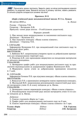 208
Óðîêè ðîçâèòêó ìîâëåííÿ
Прочитайте зразок протоколу. Зверніть увагу на місце розташування кожного
реквізиту та розділові знаки. Визначте вступну й основну частини, назвіть реквізити.
Зі скількох розділів складається основна частина?
Ïðîòîêîë № 8
çáîðіâ ó÷íіâñüêîї ðàäè çàãàëüíîîñâіòíüîї øêîëè № 5 ì. Ëóöüêà
23 êâіòíÿ 2016 ð. ì. Ëóöüê
Ãîëîâà – Ñòðіëåöü Ò.Â.
Ñåêðåòàð – Çàãîðîäíÿ Ë.Â.
Ïðèñóòíі: ÷ëåíè ðàäè øêîëè – 9 îñіá (ñïèñîê äîäàєòüñÿ).
Ïîðÿäîê äåííèé:
1. Ïðî çàõîäè ùîäî âïîðÿäêóâàííÿ òà îçåëåíåííÿ øêіëüíîãî ñàäó.
Äîïîâіäà÷ – Êóçèøèí Î.І.
2. Ïðî ïіäñóìêè êîíêóðñó «Íàøà êëàñíà êіìíàòà».
Äîïîâіäà÷ – Ñòðіëåöü Ò.Î.
І. ÑËÓÕÀËÈ:
Іíôîðìàöіþ Êóçèøèíà Î.І. ïðî íåçàäîâіëüíèé ñòàí øêіëüíîãî ñàäó òà
íåîáõіäíèé îáñÿã ðîáіò.
ÂÈÑÒÓÏÈËÈ:
1. Áàáåíþê Â.Ã. çàïðîïîíóâàâ óòâîðèòè ãðóïè çà äîáðîâіëüíèì ïðèíöè-
ïîì äëÿ âïîðÿäêóâàííÿ òåðèòîðії ñàäó.
2. Ðåøåòàð À.Ï. óíіñ ïðîïîçèöіþ çâåðíóòèñÿ çà ïîñàäêîâèì ìàòåðіàëîì
äî ìіñüêîãî ðîçñàäíèêà.
ÓÕÂÀËÈËÈ:
1. Çàòâåðäèòè ãðàôіê ðîáіò äëÿ âïîðÿäêóâàííÿ øêіëüíîãî ñàäó òà ïðè-
çíà÷èòè âіäïîâіäàëüíèì çà äîäåðæàííÿì ãðàôіêà Êàíåâñüêîãî Â.Î.
2. Ôîðìóâàòè ãðóïè ó÷íіâ çà äîáðîâіëüíèì ïðèíöèïîì êіëüêіñòþ
5–7 îñіá.
ІІ. ÑËÓÕÀËÈ:
Іíôîðìàöіþ Ñà÷åíêî Ò.Î. ïðî ïіäñóìêè êîíêóðñó «Íàøà êëàñíà êіìíàòà».
ÂÈÑÒÓÏÈËÈ:
1. Êîâàëü÷óê Ã.Î. ç ïðîïîçèöієþ çàòâåðäèòè ñïèñîê ïåðåìîæöіâ êîíêóðñó.
2. Ìàëіöüêèé Â.Î. çàïðîïîíóâàâ ðåêîìåíäóâàòè ïåäàãîãі÷íіé ðàäі øêî-
ëè íàãîðîäèòè ó÷íіâ 11-À êëàñó ïîїçäêîþ äî ì. Êèєâà.
ÓÕÂÀËÈËÈ:
1. Çàòâåðäèòè ñïèñîê ïåðåìîæöіâ êîíêóðñó «Íàøà êëàñíà êіìíàòà».
2. Ðåêîìåíäóâàòè ïåäàãîãі÷íіé ðàäі øêîëè íàãîðîäèòè ó÷íіâ 11-À êëà-
ñó ïîїçäêîþ äî ì. Êèєâà.
Äîäàòîê:
1. Ñïèñîê ó÷àñíèêіâ çáîðіâ íà 1 àðê.
2. Ãðàôіê ðîáіò äëÿ âïîðÿäêóâàííÿ øêіëüíîãî ñàäó íà 3 àðê.
3. Ñïèñîê ïåðåìîæöіâ êîíêóðñó «Íàøà êëàñíà êіìíàòà» íà 1 àðê.
Ãîëîâà çáîðіâ Ïіäïèñ Ò.Â. Ñòðіëåöü
Ñåêðåòàð Ïіäïèñ Ë.Â. Çàãîðîäíÿ
440
 