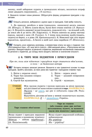40
×ëåíè ðå÷åííÿ
çàêîíó, ÿêèé çàáîðîíÿє êóðèòè â ãðîìàäñüêèõ ìіñöÿõ, çàïëàòèëè øòðàô
ëèøå äâàäöÿòü ïîðóøíèêіâ... (Ç ãàçåòè).
ІІ. Визначте головні члени речення. Обґрунтуйте форму узгодження присудків з під-
метами.
Спишіть речення, вибираючи з дужок один із присудків. Свій вибір поясніть.
1. Äî ïðèõîäó àâòîáóñà â ìåíå (ëèøàëîñÿ, ëèøèëèñÿ) äåñÿòü õâèëèí
(Â. Øåâ÷óê). 2. Øіñòü êëàñіâ (áóëè, áóëî) éîãî î÷íîþ îñâіòîþ (Ë. Âåðíèãî-
ðà). 3. Áіëüøіñòü äâîðîâîї ÷åëÿäі (ïîäàëîñÿ, ïîäàëàñÿ) ãåòü – íà âіëüíèé õëіá,
äî çåìëі àáî é äî ìіñòà (Þ. Õîðóíæèé). 4. Ðåøòà êâèòêіâ íà äåííó âèñòàâó
(ùåçëà, ùåçëè) ç êàñè (Â. Ãîëîòà). 5. І òåïåð ñèëà-ñèëåííà âóäіїâ (ñèäÿòü,
ñèäèòü) ïî áåðåçі, à ÿ äîìà (Ì. Êðîïèâíèöüêèé). 6. Íåâåëèêії òðè ëіòà ìàðíî
(ïðîëåòіëè, ïðîëåòіëî)... À áàãàòî â ìîїé õàòі ëèõà íàðîáèëè (Ò. Øåâ÷åíêî).
Складіть усно невелику розповідь з елементами опису на одну з поданих тем:
«Екстремальні ігри», «Я і моє місто (село)», «Мій вихідний день», «Прогулянка містом
(селом)». Використовуйте: а) речення з підметом, вираженим числівником з іменником;
б) речення з підметом, до складу якого входить іменник зі значенням кількості.
§ 8. ÒÈÐÅ ÌІÆ ÏІÄÌÅÒÎÌ І ÏÐÈÑÓÄÊÎÌ
Ïðî òå, êîëè ìіæ ïіäìåòîì і ïðèñóäêîì òèðå ñòàâèòüñÿ îáîâ’ÿçêîâî,
à êîëè – çà áàæàííÿì àâòîðà
Зіставте попарно записані речення. Визначте в них граматичні основи та види
присудків. Зробіть висновок, за яких умов між підметом і присудком ставимо тире.
1. Êâіòè є îêðàñîþ çåìëі. 1. Êâіòè – îêðàñà çåìëі.
2. Òàðàñ áóâ öіêàâèì ñïіâðîç- 2. Òàðàñ – öіêàâèé ñïіâðîçìîâ-
ìîâíèêîì. íèê.
3. Ñåðãіé áóâ ìóçèêàíòîì. 3. Ñåðãіé – ìóçèêàíò.
Ставимо
тире
Ìіæ ãðóïîþ ïіäìåòà і ãðóïîþ ïðèñóäêà íà ìіñöі ïðîïóùå-
íîїäієñëіâíîїçâ’ÿçêèєìîæåñòàâèòèñÿє òèðå.ÍÀÏÐÈÊËÀÄ:
Ìóçèêà – öå êðàñà, ùî ãðіє é ïіäíîñèòü ñåðöÿ (Ì. Ðèëü-
ñüêèé).
Âіäñóòíіñòü äієñëîâà-çâ’ÿçêè ó âèìîâі ïîçíà÷àєòüñÿ ïàóçîþ.
ÍÀÏÐÈÊËÀÄ: ß – /ß ãðîìàäÿíèí Óêðàїíè.
Òèðå ñòàâèìî îáîâ’ÿçêîâî
Òèðå íå ñòàâèìî
(àáî ñòàâèìî ëèøå ïðè ëîãі÷íî
íàãîëîøåíîìó ïіäìåòі, çà íàÿâíîñòі
ïàóçè ìіæ ïіäìåòîì і ïðèñóäêîì)
ßêùî ïіäìåò і ïðèñóäîê âèðàæåíі
іìåííèêàìè â íàçèâíîìó âіäìіíêó:
Áäæîëà – âіäîìà òðóäіâíèöÿðó ö ...
(À. Ïàøêіâñüêèé).
ßêùî ïіäìåò âèðàæåíèé îñîáîâèì
çàéìåííèêîì:
Ìè óêðàїíöіó ð ö .
Ìè – óêðàїíöі!
78
79
80
 