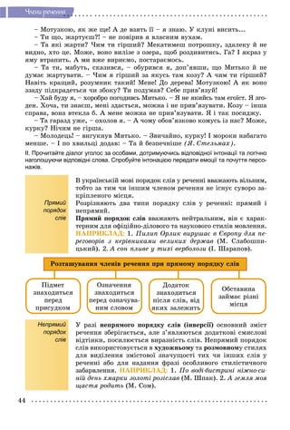44
×ëåíè ðå÷åííÿ
– Ìîòóçêîþ, ÿê æå ùå! À äå âçÿòü її – ÿ çíàþ. Ó êëóíі âèñèòü...
– Òè ùî, æàðòóєø?! – íå ïîâіðèâ ÿ âëàñíèì âóõàì.
– Òà ÿêі æàðòè? ×èì òè ãіðøèé? Ìåêàòèìåø ïîòðîøêó, çäàëåêó é íå
âèäíî, õòî öå. Ìîæå, âîíî âèëіçå ç îçåðà, ùîá ðîçäèâèòèñü. Ãà? І ÿêðàç ó
ÿìó âòðàïèòü. À ìè âæå âèðèєìî, ïîñòàðàєìîñü.
– Òà òè, ìàáóòü, ñêàçèâñÿ, – îáóðèâñÿ ÿ, äîï’ÿâøè, ùî Ìèòüêî é íå
äóìàє æàðòóâàòè. – ×èì ÿ ãіðøèé çà ÿêóñü òàì êîçó? À ÷èì òè ãіðøèé?
Íàâіòü êðàùèé, ðîçóìíèê òàêèé! Ìåíå! Äî äåðåâà! Ìîòóçêîþ! À ÿê âîíî
ççàäó ïіäêðàäåòüñÿ ÷è çáîêó? Òè ïîäóìàâ? Ñåáå ïðèâ’ÿçóé!
– Õàé áóäó ÿ, – õîðîáðî ïîãîäèâñü Ìèòüêî. – ß íå ÿêèéñü òàì åãîїñò. ß çãî-
äåí. Õî÷à, òè çíàєø, ìåíі çäàєòüñÿ, ìîæíà і íå ïðèâ’ÿçóâàòè. Êîçó – іíøà
ñïðàâà, âîíà âòåêëà á. À ìåíå ìîæíà íå ïðèâ’ÿçóâàòè. ß і òàê ïîñèäæó.
– Òà ãàðàçä óæå, – îõîëîâ ÿ. – À ÷îìó îáîâ’ÿçêîâî êîìóñü іç íàñ? Ìîæå,
êóðêó? Íі÷èì íå ãіðøà.
– Ìîëîäåöü! – âèãóêíóâ Ìèòüêî. – Çâè÷àéíî, êóðêó! І ìîðîêè íàáàãàòî
ìåíøå. – І ïî õâèëüöі äîäàâ: – Òà é áåçïå÷íіøå (ß. Ñòåëüìàõ).
ІІ. Прочитайте діалог уголос за особами, дотримуючись відповідної інтонації та логічно
наголошуючи відповідні слова. Спробуйте інтонацією передати емоції та почуття персо-
нажів.
Прямий
порядок
слів
Â óêðàїíñüêіé ìîâі ïîðÿäîê ñëіâ ó ðå÷åííі ââàæàþòü âіëüíèì,
òîáòî çà òèì ÷è іíøèì ÷ëåíîì ðå÷åííÿ íå іñíóє ñóâîðî çà-
êðіïëåíîãî ìіñöÿ.
Ðîçðіçíÿþòü äâà òèïè ïîðÿäêó ñëіâ ó ðå÷åííі: ïðÿìèé і
íåïðÿìèé.
Ïðÿìèé ïîðÿäîê ñëіâ ââàæàþòü íåéòðàëüíèì, âіí є õàðàê-
òåðíèì äëÿ îôіöіéíî-äіëîâîãî òà íàóêîâîãî ñòèëіâ ìîâëåííÿ.
ÍÀÏÐÈÊËÀÄ: 1. Ïèëèï Îðëèê âèðóøàє â Єâðîïó äëÿ ïå-
ðåãîâîðіâ ç êåðіâíèêàìè âåëèêèõ äåðæàâ (Ì. Ñëàáîøïè-
öüêèé). 2. À ñîí ïëèâå ó òèõі âåðáîëîçè (І. Øàðàïîâ).
Ïіäìåò
çíàõîäèòüñÿ
ïåðåä
ïðèñóäêîì
Îçíà÷åííÿ
çíàõîäèòüñÿ
ïåðåä îçíà÷óâà-
íèì ñëîâîì
Äîäàòîê
çíàõîäèòüñÿ
ïіñëÿ ñëіâ, âіä
ÿêèõ çàëåæèòü
Îáñòàâèíà
çàéìàє ðіçíі
ìіñöÿ
Ðîçòàøóâàííÿ ÷ëåíіâ ðå÷åííÿ ïðè ïðÿìîìó ïîðÿäêó ñëіâ
Непрямий
порядок
слів
Ó ðàçі íåïðÿìîãî ïîðÿäêó ñëіâ (іíâåðñії) îñíîâíèé çìіñò
ðå÷åííÿ çáåðіãàєòüñÿ, àëå ç’ÿâëÿþòüñÿ äîäàòêîâі ñìèñëîâі
âіäòіíêè, ïîñèëþєòüñÿ âèðàçíіñòü ñëіâ. Íåïðÿìèé ïîðÿäîê
ñëіâ âèêîðèñòîâóєòüñÿ â õóäîæíüîìó òà ðîçìîâíîìó ñòèëÿõ
äëÿ âèäіëåííÿ çìіñòîâîї çíà÷óùîñòі òèõ ÷è іíøèõ ñëіâ ó
ðå÷åííі àáî äëÿ íàäàííÿ ôðàçі îñîáëèâîãî ñòèëіñòè÷íîãî
çàáàðâëåííÿ. ÍÀÏÐÈÊËÀÄ: 1. Ïî âîäі-áèñòðèíі íіæíî-ñè-
íіé äåíü õìàðêè çîëîòі ðîçіñëàâ (Ì. Øïàê). 2. À çåìëÿ ìîÿ
ùàñòÿ ðîäèòü (Ì. Ñîì).
 