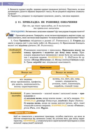 50
×ëåíè ðå÷åííÿ
ІІ. Визначте художні засоби, зокрема художні означення (епітети). Простежте, як вони
допомагають досягти образної виразності тексту. Як ви розумієте виділене словоспо-
лучення?
ІІІ. Підкресліть узгоджені та неузгоджені означення, укажіть, чим вони виражені.
§ 11. ÏÐÈÊËÀÄÊÀ ßÊ ÐІÇÍÎÂÈÄ ÎÇÍÀ×ÅÍÍß
Ïðî òå, ùî òàêå ïðèêëàäêà, ÿê її âèçíà÷èòè
òà ïðàâèëüíî íàïèñàòè
ПРИГАДАЙМО. Які іменники є власними назвами? Що таке родове й видове поняття?
Прочитайте речення. Поміркуйте, на які питання відповідають виділені слова, що
вони означають, якою частиною мови виражені. Чи можна вважати їх означеннями? Чому?
1. Ñåëî Òðîÿíіâêà ãíіçäèòüñÿ â äîëèíі (Ã. Òþòþííèê). 2. Ñòîðîæ-äіä
çìåòå ç ïîðîãà ñíіã і ñëіä òâîїõ ÷îáіò (À. Ìàëèøêî). 3. Êðàïëèíàìè áëèùàòü
âîëîãі î÷і ïіäëіòêà-äіâ÷àòè (Ì. Ðèëüñüêèé).
Особливості
прикладки
Ðіçíîâèäîì îçíà÷åííÿ є ïðèêëàäêà. Ïðèêëàäêà âêàçóє íà
îçíàêó ïðåäìåòà і âîäíî÷àñ äàє éîìó іíøó íàçâó. Ïðè-
êëàäêà âèðàæàєòüñÿ іìåííèêîì і ìîæå áóòè ÿê çàãàëüíîþ,
òàê і âëàñíîþ íàçâîþ. ÍÀÏÐÈÊËÀÄ: 1. Ïіä’їõàëè äî çó-
ïèíêè «Ïëîùà Øåâ÷åíêà». 2. Ìіñÿöü îñâіòèâ Ñâіòÿçü-îçåðî.
3. Òðàâà çâіðîáіé ìàє ëіêóâàëüíі âëàñòèâîñòі.
âіê ëþäèíè,
ìіñöå ïðîæèâàííÿ, ïðîôåñіþ,
ðіä çàíÿòü, íàöіîíàëüíіñòü,
ÿêіñíó õàðàêòåðèñòèêó
âóëèöü, ñіë, ìіñò, ðіê, îçåð,
ïëàíåò, ïіäïðèєìñòâ,
óñòàíîâ, ãàçåò, êіíîòåàòðіâ,
êîðàáëіâ, ñòàíöіé òîùî
Ïðèêëàäêà
Âêàçóє íà: Âêàçóє íà íàçâè:
Визначення
прикладки
Ç äâîõ іìåííèêіâ – âëàñíîї íàçâè і çàãàëüíîї íàçâè – ïðè-
êëàäêîþ є:
à) çàãàëüíà íàçâà, ÿêùî âëàñíà íàçâà – öå іì’ÿ ëþäèíè. ÍÀ-
ÏÐÈÊËÀÄ: ó÷åíèöÿ Êîâàëü÷óê, àêàäåìіê Áîðèñ Ïàòîí;
á) âëàñíà íàçâà, ÿêùî öå íàçâà íåіñòîò (ðі÷îê, ìіñò, ãàçåò
òîùî) àáî êëè÷êà òâàðèíè. ÍÀÏÐÈÊËÀÄ: ïîåìà «Òîïîëÿ»,
ðі÷êà Ðîñü, êіò Ìóðêî.
Щоб не помилитися у визначенні прикладки, потрібно пам’ятати, що вона за
змістом конкретніша від залежного слова, бо уточнює його, дає якісну харак-
теристику. НАПРИКЛАД, у словосполученні народ-волелюб прикладкою є словоб
волелюб: народ (який?) волелюб.
109
 