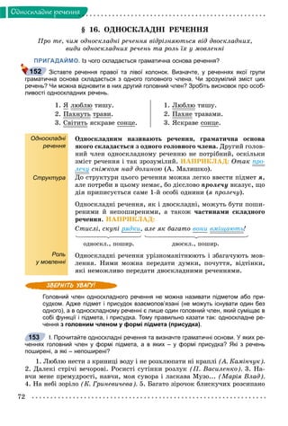 72
Îäíîñêëàäíå ðå÷åííÿ
§ 16. ÎÄÍÎÑÊËÀÄÍІ ÐÅ×ÅÍÍß
Ïðî òå, ÷èì îäíîñêëàäíі ðå÷åííÿ âіäðіçíÿþòüñÿ âіä äâîñêëàäíèõ,
âèäè îäíîñêëàäíèõ ðå÷åíü òà ðîëü їõ ó ìîâëåííі
ПРИГАДАЙМО. Із чого складається граматична основа речення?
Зіставте речення правої та лівої колонок. Визначте, у реченнях якої групи
граматична основа складається з одного головного члена. Чи зрозумілий зміст цих
речень? Чи можна відновити в них другий головний член? Зробіть висновок про особ-
ливості односкладних речень.
1. ß ëþáëþ òèøó.
2. Ïàõíóòüó òðàâè.
3. Ñâіòèòü ÿñêðàâå ñîíöå.
1. Ëþáëþ òèøó.
2. Ïàõíå òðàâàìè.
3. ßñêðàâå ñîíöå.
Односкладні
речення
Структура
Роль
у мовленні
Îäíîñêëàäíèì íàçèâàþòü ðå÷åííÿ, ãðàìàòè÷íà îñíîâà
ÿêîãî ñêëàäàєòüñÿ ç îäíîãî ãîëîâíîãî ÷ëåíà. Äðóãèé ãîëîâ-
íèé ÷ëåí îäíîñêëàäíîìó ðå÷åííþ íå ïîòðіáíèé, îñêіëüêè
çìіñò ðå÷åííÿ і òàê çðîçóìіëèé. ÍÀÏÐÈÊËÀÄ: Îòàê ïðî-
ëå÷ó ñíіæêîì íàä äîëèíîþ (À. Ìàëèøêî).
Äî ñòðóêòóðè öüîãî ðå÷åííÿ ìîæíà ëåãêî ââåñòè ïіäìåò ÿ,
àëå ïîòðåáè â öüîìó íåìàє, áî äієñëîâî ïðîëå÷ó âêàçóє, ùî
äіÿ ïðèïèñóєòüñÿ ñàìå 1-é îñîáі îäíèíè (ÿ ïðîëå÷ó).
Îäíîñêëàäíі ðå÷åííÿ, ÿê і äâîñêëàäíі, ìîæóòü áóòè ïîøè-
ðåíèìè é íåïîøèðåíèìè, à òàêîæ ÷àñòèíàìè ñêëàäíîãî
ðå÷åííÿ. ÍÀÏÐÈÊËÀÄ:
Ñòèñëі, ñêóïі ðÿäêè, àëå ÿê áàãàòî âîíè âìіùàþòü!
îäíîñêë., ïîøèð. äâîñêë., ïîøèð.
Îäíîñêëàäíі ðå÷åííÿ óðіçíîìàíіòíþþòü і çáàãà÷óþòü ìîâ-
ëåííÿ. Íèìè ìîæíà ïåðåäàòè äóìêè, ïî÷óòòÿ, âіäòіíêè,
ÿêі íåìîæëèâî ïåðåäàòè äâîñêëàäíèìè ðå÷åííÿìè.
Головний член односкладного речення не можна називати підметом або при-
судком. Адже підмет і присудок взаємопов’язані (не можуть існувати один без
одного), а в односкладному реченні є лише один головний член, який суміщає в
собі функції і підмета, і присудка. Тому правильно казати так: односкладне ре-
чення з головним членом у формі підмета (присудка).
I. Прочитайте односкладні речення та визначте граматичні основи. У яких ре-
ченнях головний член у формі підмета, а в яких – у формі присудка? Які з речень
поширені, а які – непоширені?
1. Ëþáëþ íåñòè ç êðèíèöі âîäó і íå ðîçõëþïàòè íі êðàïëі (À. Êàìіí÷óê).
2. Äàëåêі ñòðі÷і âå÷îðîâі. Ðîñèñòі ñóòіíêè ðîçëóê (Ï. Âàñèëåíêî). 3. Íà-
â÷è ìåíå ïðåìóäðîñòі, íàâ÷è, ìîÿ ñóâîðà і ëàñêàâà Ìóçî... (Ìàðіÿ Âëàä).
4. Íà íåáі çîðіëî (Ê. Ãðèíåâè÷åâà). 5. Áàãàòî çіðî÷îê áëèñêó÷èõ ðîçñèïàíî
152
153
 