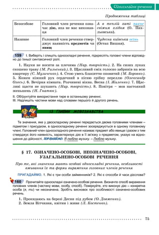 75
Îäíîñêëàäíå ðå÷åííÿ
Ïðîäîâæåííÿ òàáëèöі
Áåçîñîáîâå Ãîëîâíèé ÷ëåí ðå÷åííÿ îçíà-
÷àє äіþ, ÿêà íå ìàє âèêîíàâ-
öÿ
À â òåïëіé õàòі ïàõíå
ñâіæèì õëіáîì (Î. Ïàõ-
ëüîâñüêà).
Íàçèâíå Ãîëîâíèé ÷ëåí ðå÷åííÿ ñòâåð-
äæóє íàÿâíіñòü ïðåäìåòіâ ÷è
ÿâèù
×óäåñíà êèїâñüêà îñіíü
(Îñòàï Âèøíÿ).
І. Виберіть і спишіть односкладні речення, підкресліть головні члени відповід-
но до їхньої синтаксичної ролі.
1. Íàóêè íå íîñèòè çà ïëå÷èìà (Íàð. òâîð÷іñòü). 2. Íà ñèçèõ ëóêàõ
ñêîøåíî òðàâó (Ì. Ðèëüñüêèé). 3. Ùàñëèâèé ñìіõ ãîëîñíî çàáðèíіâ íà âñþ
êâàðòèðó (Ñ. Ìóçè÷åíêî). 4. Ñòîþ óâåñü áëàêèòòþ îïîâèòèé (Ì. Áîðîâêî).
5. Êîæåí íіæíèé ðóõ ñåðäå÷íèé â ïіñíþ ñðіáíó ïåðåëëþ (Îëåêñàíäð
Îëåñü). 6. Âå÷іðíÿ êіìíàòà. Ðîç÷èíåíі âіêíà. Âåñíà (І. Æèëåíêî). 7. Ùàñ-
ëèâі ùàñòÿ íå øóêàþòü (Íàð. òâîð÷іñòü). 8. Ïîâіòðÿ – ìîâ íàñòîÿíèé
æåíüøåíü (Í. Ãíàòþê).
ІІ. Обґрунтуйте використання тире в останньому реченні.
ІІІ. Надпишіть частини мови над словами першого й другого речень.
Те значення, яке у двоскладному реченні передається двома головними членами –
підметом і присудком, в односкладному реченні зосереджується в одному головному
члені. Головний член односкладного речення називає предмет або явище і разом з тим
стверджує його наявність, характеризує дію в її зв’язку з предметом, указує на відно-
шення до дійсності. ПОРІВНЯЙМО: Я люблю музику. – Люблю музику.
§ 17. ÎÇÍÀ×ÅÍÎ-ÎÑÎÁÎÂІ, ÍÅÎÇÍÀ×ÅÍÎ-ÎÑÎÁÎÂІ,
ÓÇÀÃÀËÜÍÅÍÎ-ÎÑÎÁÎÂІ ÐÅ×ÅÍÍß
Ïðî òå, ÿêі çíà÷åííÿ ìàþòü îñîáîâі îäíîñêëàäíі ðå÷åííÿ, îñîáëèâîñòі
âæèâàííÿ їõ òà ôîðìè âèðàæåííÿ ãîëîâíèõ ÷ëåíіâ ðå÷åííÿ
ПРИГАДАЙМО. 1. Які є три особи займенників? 2. Які є способи й часи дієслова?
Прочитайте односкладні означено-особові речення. Визначте спосіб вираження
головних членів (частину мови, особу, спосіб). Поміркуйте, хто виконує дію – конкретна
особа (я, ти) чи неозначена. Зробіть висновок про особливості означено-особових
речень.
1. Ïðîêèäàþñü íà áåðåçі Äåñíè ïіä äóáîì (Î. Äîâæåíêî).
2. Çåìëÿ Âіò÷èçíè, êâіòíè і æèâè (Ë. Êîñòåíêî).
159
160
 