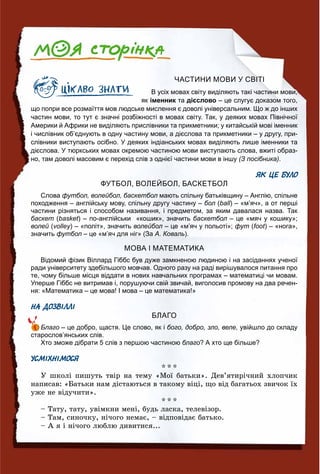 ЧАСТИНИ МОВИ У СВІТІ
В усіх мовах світу виділяють такі частини мови,
як іменник та дієслово – це слугує доказом того,
що попри все розмаїття мов людське мислення є доволі універсальним. Що ж до інших
частин мови, то тут є значні розбіжності в мовах світу. Так, у деяких мовах Північної
Америки й Африки не виділяють прислівники та прикметники; у китайській мові іменник
і числівник об’єднують в одну частину мови, а дієслова та прикметники – у другу, при-
слівники виступають осібно. У деяких індіанських мовах виділяють лише іменники та
дієслова. У тюркських мовах окремою частиною мови виступають слова, вжиті образ-
но, там доволі масовим є перехід слів з однієї частини мови в іншу (З посібника).
ЯК ЦЕ БУЛО
ФУТБОЛ, ВОЛЕЙБОЛ, БАСКЕТБОЛ
Слова футбол, волейбол, баскетбол мають спільну батьківщину – Англію, спільнел
походження – англійську мову, спільну другу частину – бол (ball) – «м’яч», а от перші
частини різняться і способом називання, і предметом, за яким давалася назва. Так
баскет (basket) – по-англійськи «кошик», значить баскетбол – це «мяч у кошику»;л
волей (й volley) – «політ», значить волейбол – це «м’яч у польоті»;л фут (foot) – «нога»,
значить футбол – це «м’яч для ніг» (Зал А. Коваль).
МОВА І МАТЕМАТИКА
Відомий фізик Віллард Гіббс був дуже замкненою людиною і на засіданнях ученої
ради університету здебільшого мовчав. Одного разу на раді вирішувалося питання про
те, чому більше місця віддати в нових навчальних програмах – математиці чи мовам.
Уперше Гіббс не витримав і, порушуючи свій звичай, виголосив промову на два речен-
ня: «Математика – це мова! І мова – це математика!»
НА ДОЗВІЛЛІ
БЛАГО
Благо – це добро, щастя. Це слово, як і бого, добро, зло, веле, увійшло до складу
старослов’янських слів.
Хто зможе дібрати 5 слів з першою частиною благо? А хто ще більше?
УСМІХНІМОСЯ
* * *
Ó øêîëі ïèøóòü òâіð íà òåìó «Ìîї áàòüêè». Äåâ’ÿòèðі÷íèé õëîï÷èê
íàïèñàâ: «Áàòüêè íàì äіñòàþòüñÿ â òàêîìó âіöі, ùî âіä áàãàòüîõ çâè÷îê їõ
óæå íå âіäó÷èòè».
* * *
– Òàòó, òàòó, óâіìêíè ìåíі, áóäü ëàñêà, òåëåâіçîð.
– Òàì, ñèíî÷êó, íі÷îãî íåìàє, – âіäïîâіäàє áàòüêî.
– À ÿ і íі÷îãî ëþáëþ äèâèòèñÿ...
 