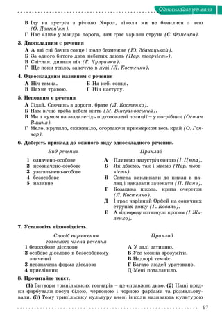 97
Îäíîñêëàäíå ðå÷åííÿ
Â Іäó íà çóñòðі÷ ç ðі÷êîþ Õîðîë, íіêîëè ìè íå áà÷èëèñÿ ç íåþ
(Î. Äîâãîï’ÿò).
Ã Íàñ êëè÷å ó ìàíäðè äîðîãà, íàì ãðàє ÷àðіâíà ñòðóíà (Ñ. Ôîìåíêî).
3. Äâîñêëàäíèì є ðå÷åííÿ
À À ââі ñíі áà÷èâ ñîíöå і ïîëå áåçìåæíå (Þ. Çáàíàöüêèé).
Á Çà îäíîãî áèòîãî äâîõ íåáèòèõ äàþòü (Íàð. òâîð÷іñòü).
Â Ñâіòëàÿ, äèâíàÿ íі÷ (Ã. ×óïðèíêà).
Ã Ùå ïîêè òåïëî, çàíî÷óþ â ëóçі (Ë. Êîñòåíêî).
4. Îäíîñêëàäíèì íàçèâíèì є ðå÷åííÿ
À Íі÷ òåìíà. Á Íà íåáі ñîíöå.
Â Ïàõíå òðàâîþ. Ã Íі÷ íàñòóïó.
5. Íåïîâíèì є ðå÷åííÿ
À Ñіäàé. Ñïî÷èíü ç äîðîãè, áðàòå (Ë. Êîñòåíêî).
Á Íàì âі÷íî òðåáà íåáîì æèòü (Ì. Âіíãðàíîâñüêèé).
Â Ìè ç êóìîì íà çàçäàëåãіäü ïіäãîòîâëåíі ïîçèöії – ó ïîãðіáíèê (Îñòàï
Âèøíÿ).
Ã Ìåëî, êðóòèëî, ñêàæåíіëî, îãîðòàþ÷è ïðèñìåðêîì âåñü êðàé (Î. Ãîí-
÷àð).
6. Äîáåðіòü ïðèêëàä äî êîæíîãî âèäó îäíîñêëàäíîãî ðå÷åííÿ.
Âèä ðå÷åííÿ Ïðèêëàä
1
2
3
4
5
îçíà÷åíî-îñîáîâå
íåîçíà÷åíî-îñîáîâå
óçàãàëüíåíî-îñîáîâå
áåçîñîáîâå
íàçèâíå
À
Á
Â
Ã
Ä
Å
Ïëèâåìî íàçóñòðі÷ ñîíöþ (І. Öþïà).
ßê äáàєìî, òàê і ìàєìî (Íàð. òâîð-
÷іñòü).
Ñåìåíà âèêëèêàëè äî êíÿçÿ â ïà-
ëàö і íàêàçàëè çà÷åêàòè (Ï. Ïàí÷).
Êîçàöüêà øêîëà, êðèòà î÷åðåòîì
(Ë. Êîñòåíêî).
І ãðàє ÷àðіâíèé Îðôåé íà ñîíÿ÷íèõ
ñòðóíàõ äîùó (Ã. Êîâàëü).
À âіä ãîðîäó ïîòÿãíóëî êðîïîì (І. Æè-
ëåíêî).
7. Óñòàíîâіòü âіäïîâіäíіñòü.
Ñïîñіá âèðàæåííÿ
ãîëîâíîãî ÷ëåíà ðå÷åííÿ
Ïðèêëàä
1 áåçîñîáîâå äієñëîâî
2 îñîáîâå äієñëîâî â áåçîñîáîâîìó
çíà÷åííі
3 íåîçíà÷åíà ôîðìà äієñëîâà
4 ïðèñëіâíèê
À Ó çàëі çàòèøíî.
Á Óñå ìîæíà çðîçóìіòè.
Â Íàäâîðі òåìíіє.
Ã Áàãàòî ëþäåé óðÿòîâàíî.
Ä Ìåíі ïîòàëàíèëî.
8. Ïðî÷èòàéòå òåêñò.
(1) Âèòâîðè òðèïіëüñüêèõ ãîí÷àðіâ – öå ñïðàâæíє äèâî. (2) Íàøі ïðåä-
êè ôàðáóâàëè ïîñóä áіëîþ, ÷åðâîíîþ і ÷îðíîþ ôàðáàìè òà ðîçìàëüîâó-
âàëè. (3) Òîìó òðèïіëüñüêó êóëüòóðó â÷åíі іíêîëè íàçèâàþòü êóëüòóðîþ
 