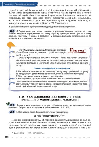 118
Ðå÷åííÿ ç îäíîðiäíèìè ÷ëåíàìè
і õâèëі ïëèí і çâіðіâ òàєìíèöі â ïóùі і êîìàøèíó і ïîëèí (Â. Ïіäïàëèé).
3. Óñå і íåáî і ïåðåìåëåíå íà òðóõó â ãëèáîêèõ êîëіÿõ äîðîãè ñіíî і âîãêèé
ãíèëóâàòèé ïîâіâ ðіêè і òðèâîæíèé êðèê ïòèöі і íåâèñîêà ðîñèñòà îòàâà
ñïîâіùàëî, ùî ëіòî âæå çäàє êëþ÷і ñóìîâèòіé îñåíі (Ì. Ñòåëüìàõ).
4. Âñÿêå ïòàñòâî ÿê-îò äåðêà÷іâ ïåðåïіëîê êóëèêіâ êóðî÷îê ìîæíà áóëî
âèêîñèòè êîñîþ â òðàâі àáî âïіéìàòè (Î. Äîâæåíêî).
ІІ. Визначте смислові відношення між однорідними членами речення.
Доберіть однорідні члени речення з узагальнювальним словом на тему
«Зима». Уведіть їх у три речення так, щоб у першому однорідні члени були на початку
речення, у другому – у кінці, а в третьому – у середині. Запишіть складені речення та
прочитайте з правильною інтонацією.
Îá’єäíàéòåñÿ â ãðóïè. Ñòâîðіòü ðåêëàìó
îäíîðіäíèõ ÷ëåíіâ ðå÷åííÿ, ïðîäåìîíñòðóé-
òå її â êëàñі.
Ôîðìè ïðåçåíòàöії ðåêëàìè ìîæóòü áóòè òàêèìè: іíñöåíіçà-
öіÿ; ñëîâåñíèé îïèñ ðåêëàìè íà òåëåáà÷åííі; ðåêëàìà, ÿêà çâó÷èòü
íà ðàäіî; ðåêëàìà â æóðíàëі; êîìáіíîâàíèé ðåêëàìíèé ïðîåêò
òîùî.
Поради щодо роботи над проектом
1. Не забудьте «покликати» на допомогу творчу уяву, оригінальність, увагу
до найдрібнішої деталі мовознавчої теми, логічне мислення й асоціації.
2. Чітко продумайте мету, адресата, вид реклами.
3. Не забувайте, що в рекламі кожне слово має особливе значення.
Показ рекламних проектів можна провести як конкурс. Обрати журі, яке при-
своїть кожному проекту одне зі звань: найоригінальніший, найаргументова-
ніший, найсмішніший, найяскравіший тощо.
§ 26. ÓÇÀÃÀËÜÍÅÍÍß ÂÈÂ×ÅÍÎÃÎ Ç ÒÅÌÈ
«ÐÅ×ÅÍÍß Ç ÎÄÍÎÐІÄÍÈÌÈ ×ËÅÍÀÌÈ»
Складіть усне висловлення на тему «Розділові знаки при однорідних членах
речення». Скористайтеся схемами й таблицями на с. 110 і 115.
І. Прочитайте текст. Визначте його тему та мікротеми.
Ç ÃËÈÁÈÍÈ ÒÈÑß×ÎËІÒÜ
Ïіâíі÷íå Ïðè÷îðíîìîð’ÿ... Ç ãëèáèíè òèñÿ÷îëіòü äèâëÿòüñÿ íà íàñ íà-
ðîäè, ùî íàçèâàëè êîëèñü öі çåìëі ñâîїìè, çàéìàëèñÿ õëіáîðîáñòâîì і ñêî-
òàðñòâîì. Áàãàòî ñòîëіòü òîìó âîíè æèëè òóò, à ïîòіì ùåçëè* ç іñòîðè÷íîї
àðåíè, ðîçïîðîøèëèñÿ ñåðåä іíøèõ ïëåìåí і íàðîäіâ. Òà êîæåí ç íèõ ó ÷î-
* Ùåçíóòè – (ðîñ.) èñ÷åçíóòü.
262
263
264
 