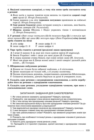 123
Ðå÷åííÿ ç îäíîðiäíèìè ÷ëåíàìè
4. Âèäіëåíі îçíà÷åííÿ îäíîðіäíі, à òîìó ìіæ íèìè òðåáà ïîñòàâèòè êîìó
â ðå÷åííі
À Êîëî õàòіâ ó ñàäêàõ òåìíіëè êóïè âèøåíü òà ñòðèìіëè çäîðîâі ñòàðі
äèêі ãðóøі (І. Íå÷óé-Ëåâèöüêèé).
Á Ñîíöå âäàðèëî ç-çà ëіñó ÷åðâîíèì ïîòóæíèì ïðîìіííÿì íà êèїâñüêі
ãîðè (І. Íå÷óé-Ëåâèöüêèé).
Â Ñèâі ðîæåâі áëàêèòíі äèìè êó÷åðÿâі ïëèíóòü ç âèñîêèõ, ìîâ áàøòè,
ñòðіìêèõ äèìàðіâ (Ì. Ðèëüñüêèé).
Ã Øèðîêà çåëåíà Îáîëîíü і Ïîäіë óêðèëèñü òіííþ і ïîòåìíіøàëè
(І. Íå÷óé-Ëåâèöüêèé).
5. Ó ðå÷åííі «Âæå ñîíöå ñêîòèëîñü (1) äî òåìíîãî áîðó (2) і â òåïëіì ïðî-
ìіííі êóïàëî (3) і ÿðі ëàíè (4) і âåñåëóþ ãîðó» (Ëåñÿ Óêðàїíêà) êîìó (êîìè)
òðåáà ñòàâèòè íà ìіñöі
À óñіõ öèôð Â ëèøå öèôð 3 і 4
Á ëèøå öèôð 2 і 3 Ã ëèøå öèôðè 4
6. Òèðå òðåáà ñòàâèòè â ðå÷åííі (ðîçäіëîâі çíàêè ïðîïóùåíî)
À І âãîðі é íàíèçó é íà âîäі âñå ñòàëî îäíієþ ìðієþ (Ç æóðíàëó).
Á Çåìëÿ Óêðàїíè і íåáî і ëþäè óñå ìåíі ðіäíå (Â. Ñîñþðà).
Â À ïåðåä íàøèìè î÷èìà áіæàòü ñіðі ñóìíі îñіííі ëàíè (Ì. Іâ÷åíêî).
Ã Ìåíі òàì ðіäíå âñå é Äіíöÿ çåëåíі õâèëі і øåïіò ÿâîðіâ і äàëüíіé äçâіí
êîïèò... (Â. Ñîñþðà).
7. ÍÅïðàâèëüíî ïîáóäîâàíî ðå÷åííÿ
À Êîçàêè íå òіëüêè áóëè îçáðîєíі øàáëÿìè, à é ïіñòîëÿìè.
Á Äåíèñ íàøêîäèâ íå òіëüêè ñîáі, à é óñüîìó êîëåêòèâó.
Â Îêñàíà ïіäãîòóâàëà äîïîâіäü, ñêîðèñòàâøèñü äîïîìîãîþ áіáëіîòåêàðÿ.
Ã Ñïіâàþ÷è âåñíÿíêè, äіâ÷àòà áåðóòüñÿ çà ðóêè é óòâîðþþòü êîëî.
8. Ñêëàäіòü îäíå ðå÷åííÿ ç íåîäíîðіäíèìè îçíà÷åííÿìè, à ïîòіì ïåðåáó-
äóéòå éîãî íà ðå÷åííÿ ç îäíîðіäíèìè îçíà÷åííÿìè.
9. Ñêëàäіòü îäíå ðå÷åííÿ, óñêëàäíåíå îäíîðіäíèìè ÷ëåíàìè, ïðè ÿêèõ є
óçàãàëüíþâàëüíå ñëîâî.
ЗАПИТАННЯ І ЗАВДАННЯ ДЛЯ САМОПЕРЕВІРКИ
1. Які члени речення називають однорідними? Наведіть приклади.
2. Поміркуйте, чим однорідні члени речення відрізняються від словосполучень.
3. Які є типи зв’язку між однорідними членами речення? Наведіть приклади.
4. Які смислові відношення можуть бути між однорідними членами речення? За до-
помогою яких сполучників виражаємо ці відношення?
5. Чим відрізняються однорідні означення від неоднорідних? Наведіть приклади.
6. У яких випадках ставимо кому між однорідними членами речення?
7. Що таке узагальнювальні слова? Розкажіть про вживання розділових знаків при
таких словах.
8. Розкажіть про особливості інтонації речень з однорідними членами й узагальню-
вальними словами.
9. Поясніть роль однорідних членів речення у мові.
10. Пригадайте 2–3 прислів’я (приказки, крилаті вислови) з однорідними членами
речення.
 